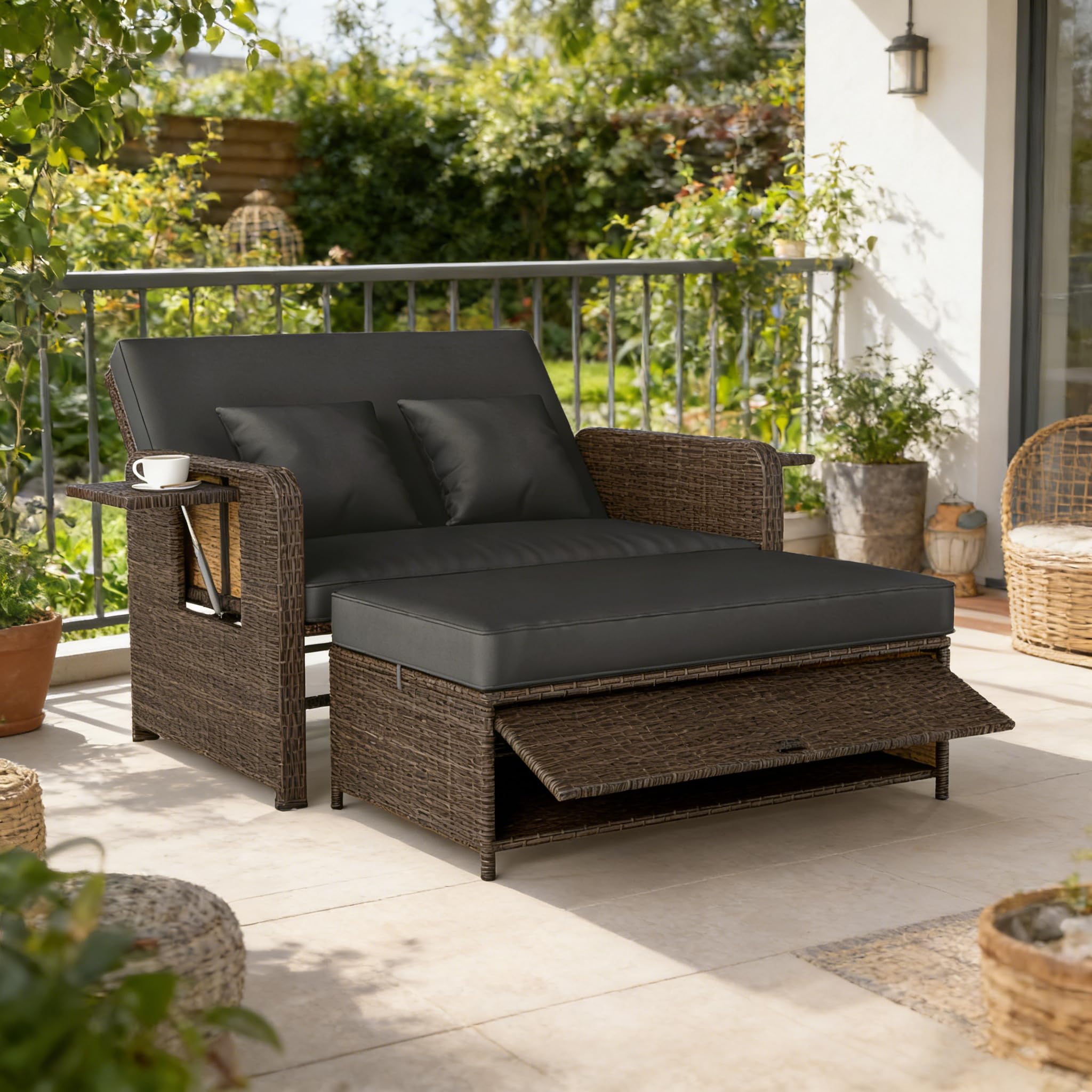 GIANTEX Lounge Möbel Outdoor, Rattan Gartenlounge Set mit Hocker, Gartensofa mit Liegefunktion, Balkon Lounge Set, Doppelliege Outdoor Sofa, Balkonmöbel Sonneninsel Loungebett mit stauraum | Drei in einem Design