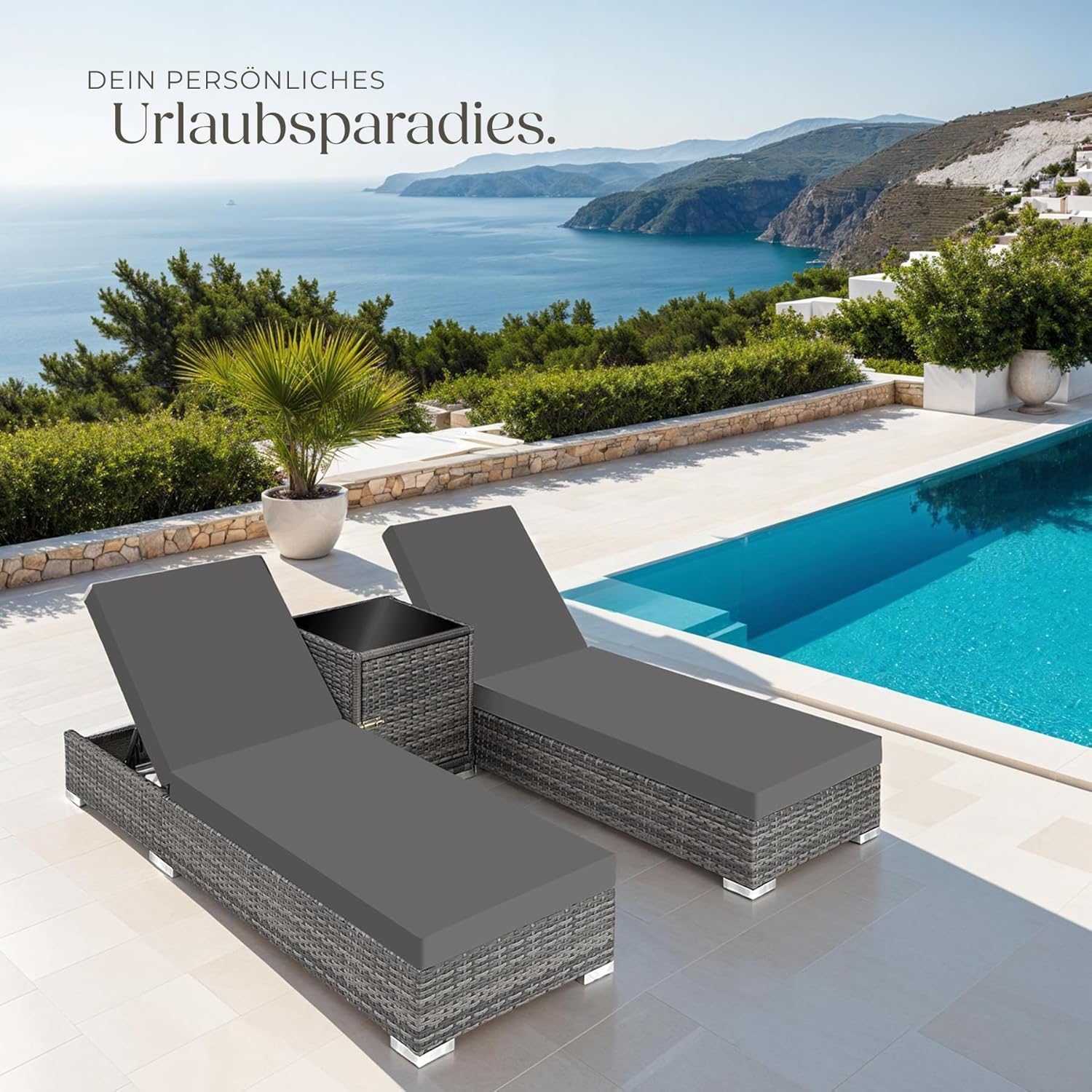 tectake® 2er Garten Lounge Sonnenliegen Set mit Tisch, Aluminium Gartenliege, Gartenlounge Outdoor, Relaxliege inkl. 2 Bezugsets und Schutzhülle, Outdoor Poly Rattan Gartenmöbel Set, 2er Set - grau