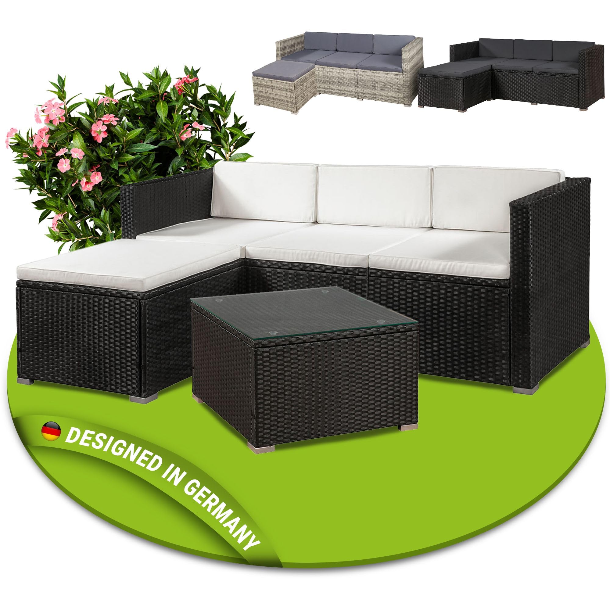 Juskys Polyrattan Lounge Punta Cana M für 3-4 Personen mit 3er Sofa, Sessel, Tisch & Kissen, Sitzgruppe für Garten, Terrasse und Balkon, Gartenmöbel Set wetterfest - schwarz/grau