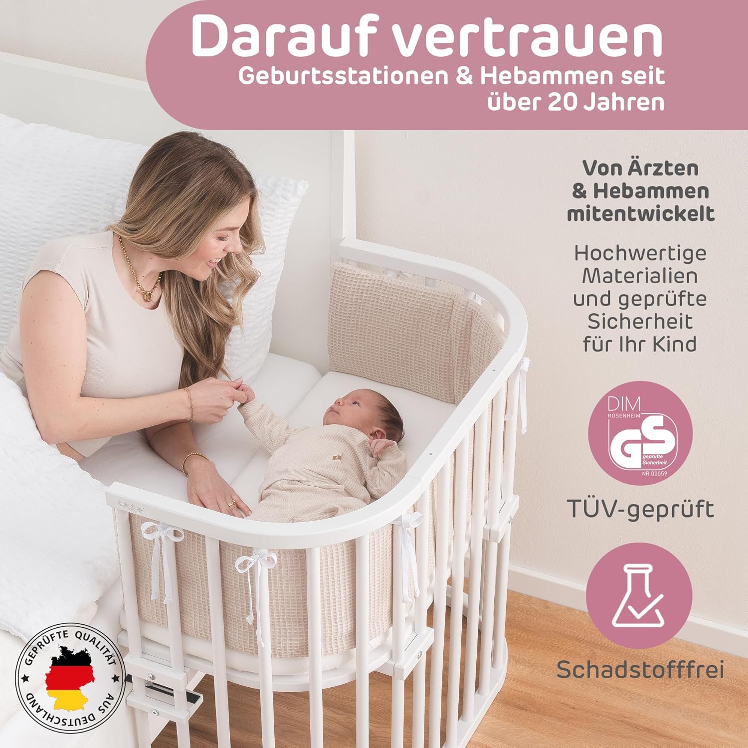 babybay Original Beistellbett aus massivem Buchenholz / kompakt & verwandelbar / Kinderbett Höhe stufenlos verstellbar & umweltfreundlich / mitwachsendes Babybett (weiß lackiert) / inkl. Matratze