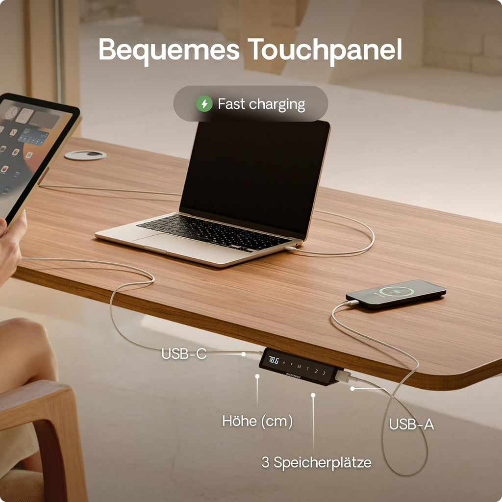 Desktronic HomePro Höhenverstellbarer Schreibtisch 160 × 80 cm – Elektrischer Schreibtisch Mit Zwei Elektrischen Motoren, Touchscreen-Steuerung und Integrierten USB-A- und USB-C-Ladeanschlüssen
