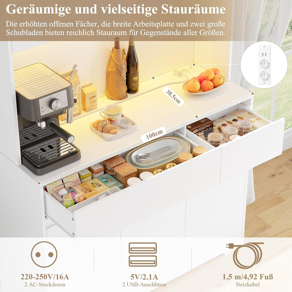 FirFurd Küchenschrank Buffetschrank mit LED und Steckdose Küchenschrank mit Arbeitsplatte Sideboard für Küche Wohnzimmer Esszimmer Küchenbuffet 180x100x38,5cm weiß