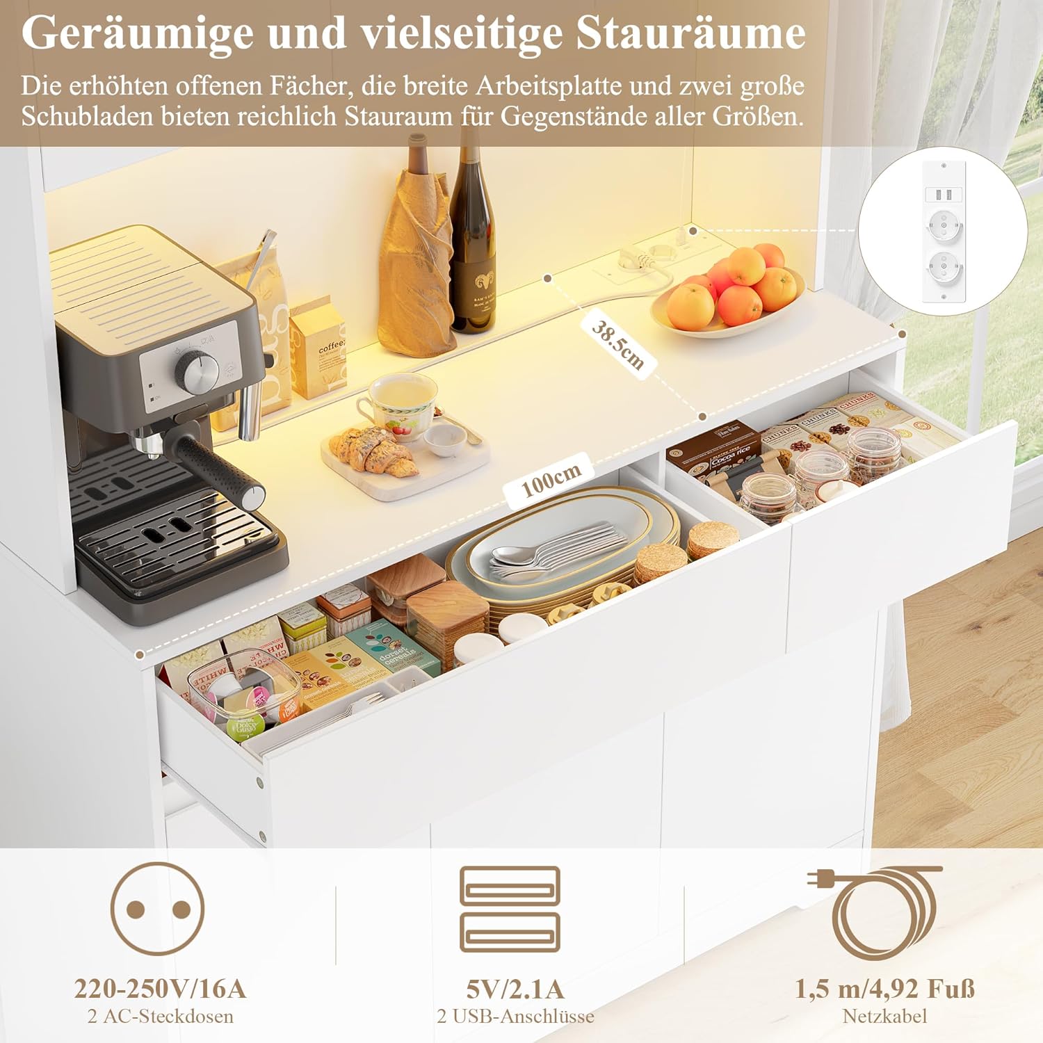 FirFurd Küchenschrank Buffetschrank mit LED und Steckdose Küchenschrank mit Arbeitsplatte Sideboard für Küche Wohnzimmer Esszimmer Küchenbuffet 180x100x38,5cm weiß