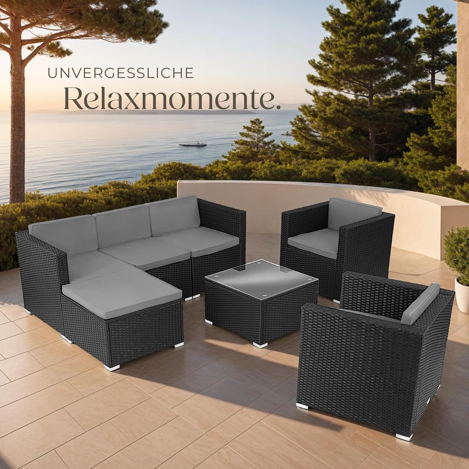tectake® Poly Rattan Lounge, Outdoor Sitzgruppe, Set mit Sofa, 2 Sesseln, Hocker, Tisch, frei kombinierbar, Gartenmöbel für 5-6 Personen, für Garten Terrasse Balkon, inkl. Polster - schwarz