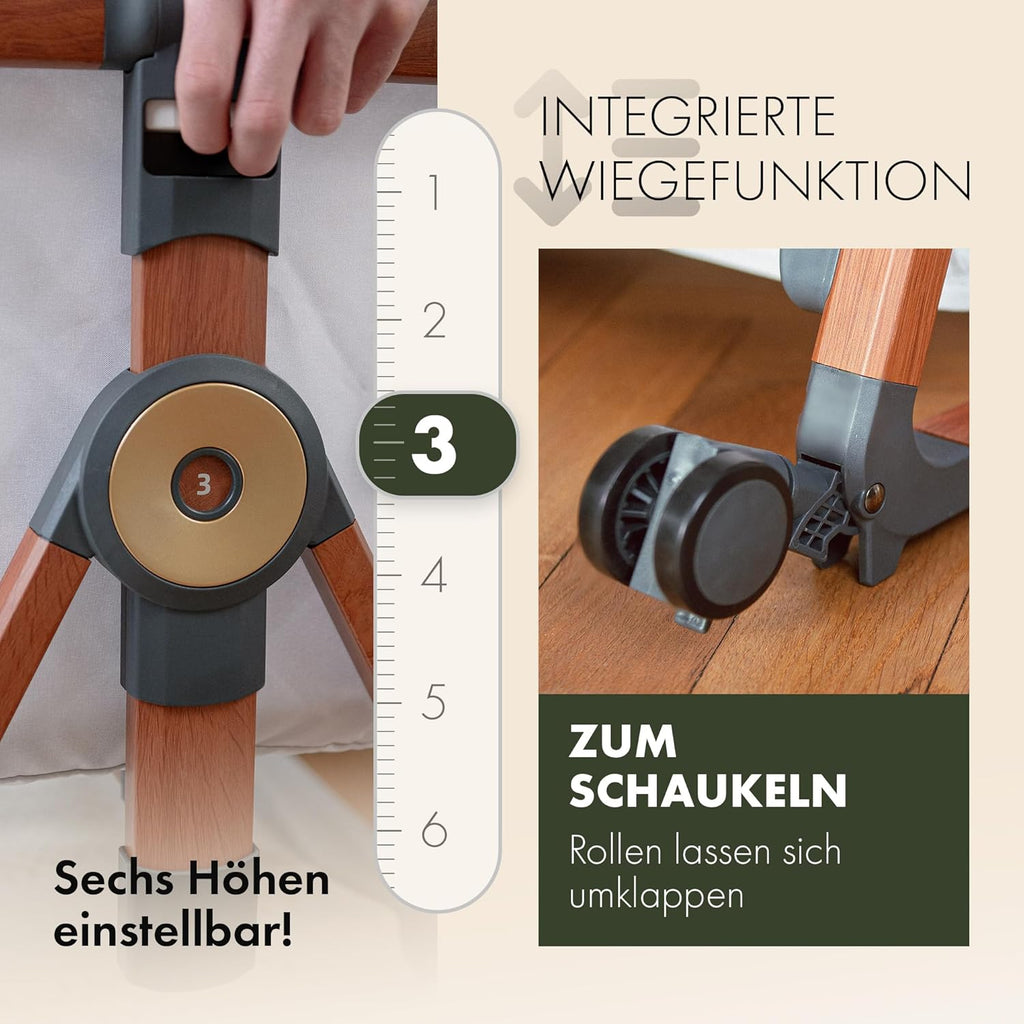 KUNU® Babybett - Beistellbett Baby mit Rollen für Boxspringbett - 3 in 1 rollbares Baby Bett Reise Babywiege - Stubenwagen mit Wiegefunktion & höhenverstellbar - Sicheres Reisebett inkl Reisetasche