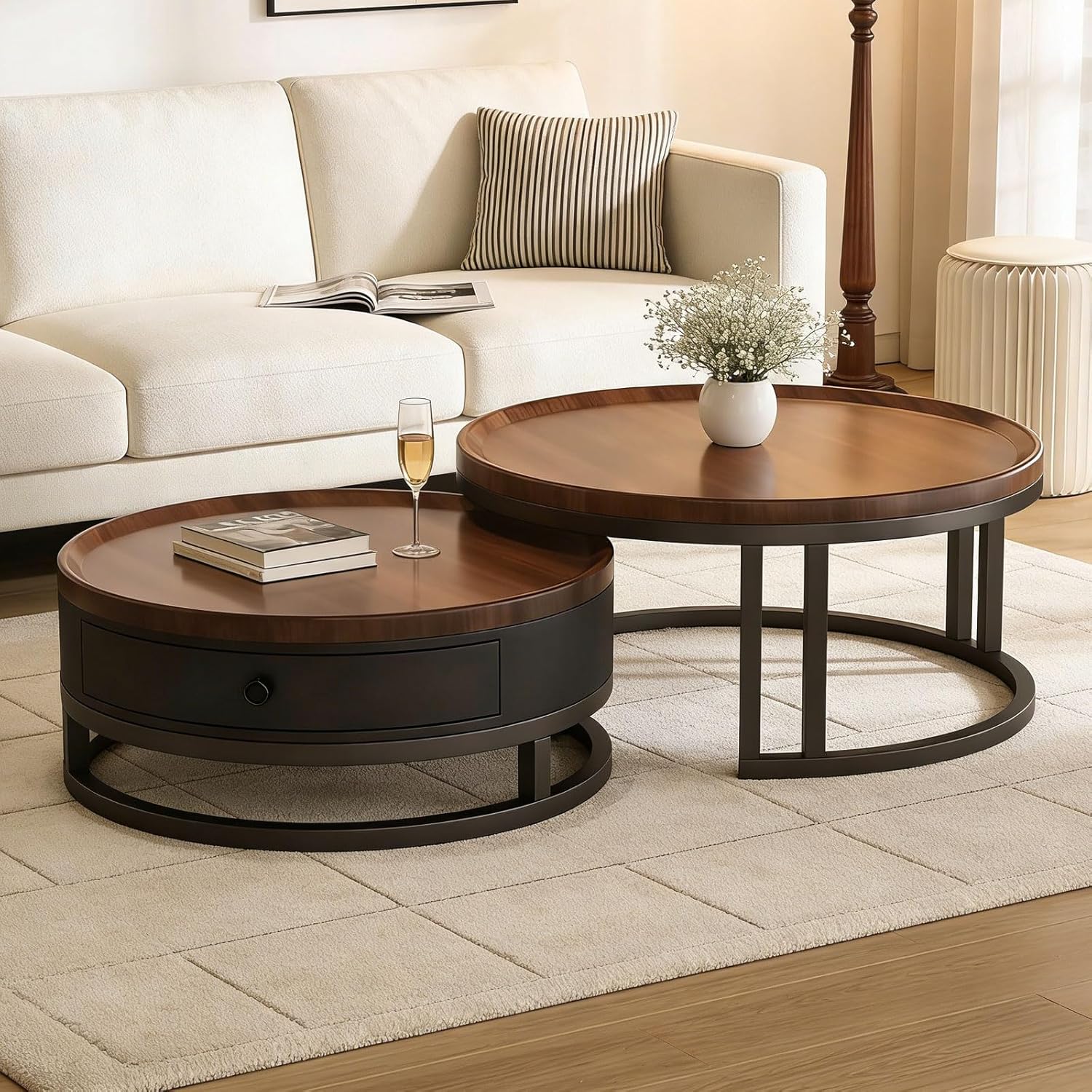 Generisch Couchtisch rund 2er Set mit Stauraum, Wohnzimmertisch mit Holz Schubladen, Walnussoptik und Metallrahmen, Moderne Kaffeetische Satztische Sofatisch für Wohnzimmer Schlafzimmer