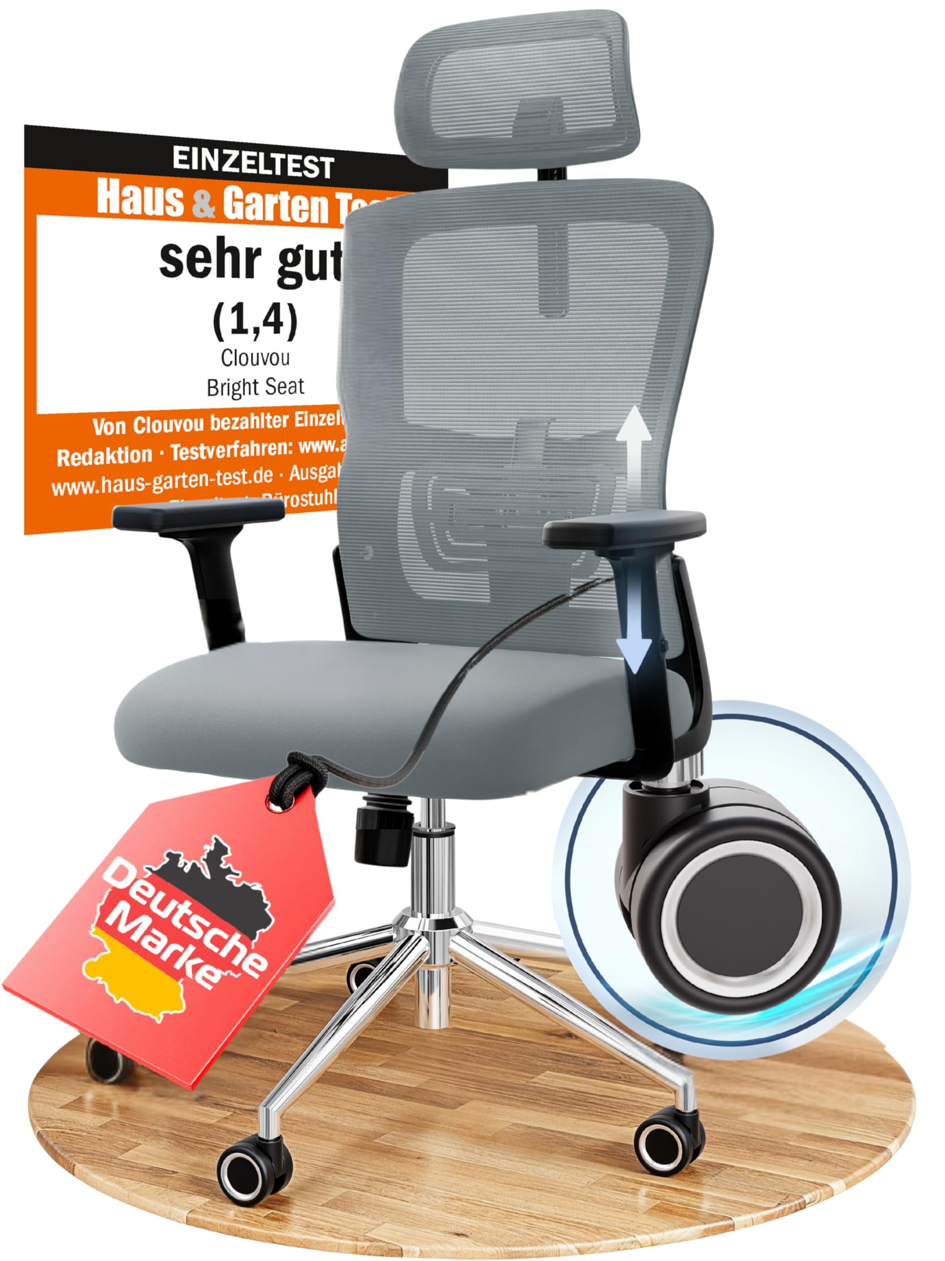 CLOUVOU BrightSeat Bürostuhl Ergonomisch [TESTSIEGER] Schreibtischstuhl 100% individuell einstellbar | Büro Stuhl & Gaming Stuhl | Computerstuhl Home Office Chair Ergonomic | Drehstuhl 150 kg