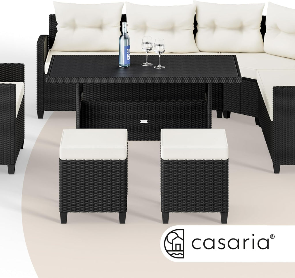 Casaria® Polyrattan Ecklounge Set WPC Esstisch Ecksofa Sessel 2 Hocker inkl. Sitzauflagen Kissen Wetterfest Outdoor Lounge Garten Terrasse Balkon Möbel