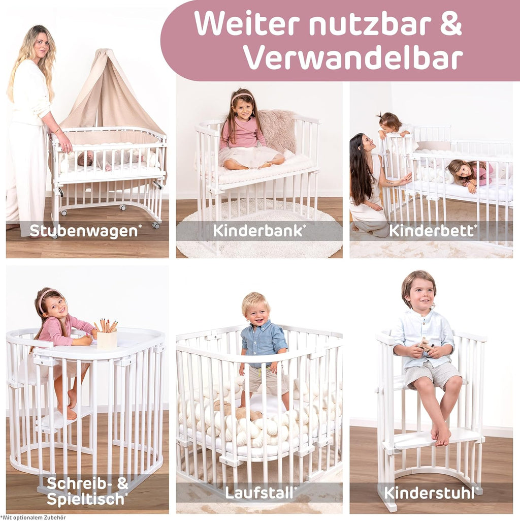 babybay Original Beistellbett aus massivem Buchenholz / kompakt & verwandelbar / Kinderbett Höhe stufenlos verstellbar & umweltfreundlich / mitwachsendes Babybett (weiß lackiert) / inkl. Matratze