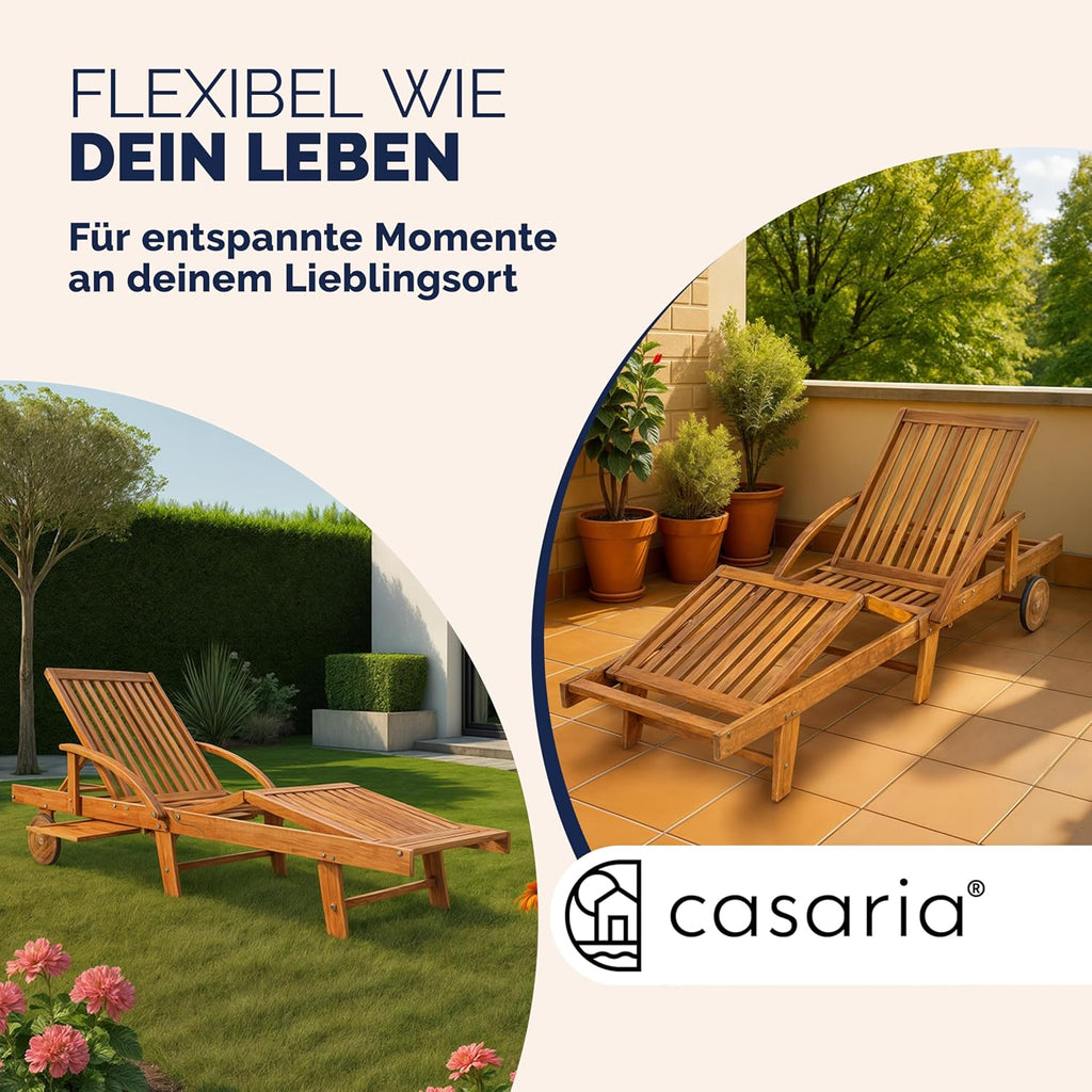 Casaria® Sonnenliege 2er Set Klappbar Wetterfest 2 Personen Holz Gartenliege mit 2 Räder Ablage Tisch Liegestuhl Verstellbare Rücken- Fußlehne Garten 196cm