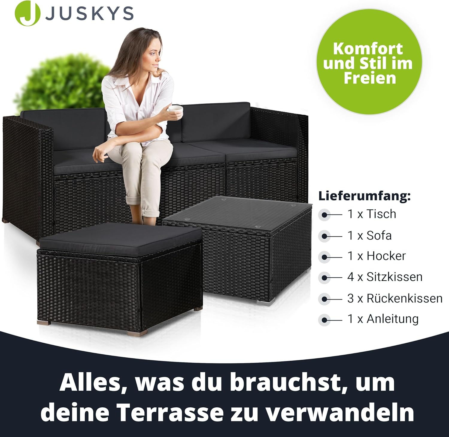 Juskys Polyrattan Lounge Punta Cana M für 3-4 Personen mit 3er Sofa, Sessel, Tisch & Kissen, Sitzgruppe für Garten, Terrasse und Balkon, Gartenmöbel Set wetterfest - schwarz/grau