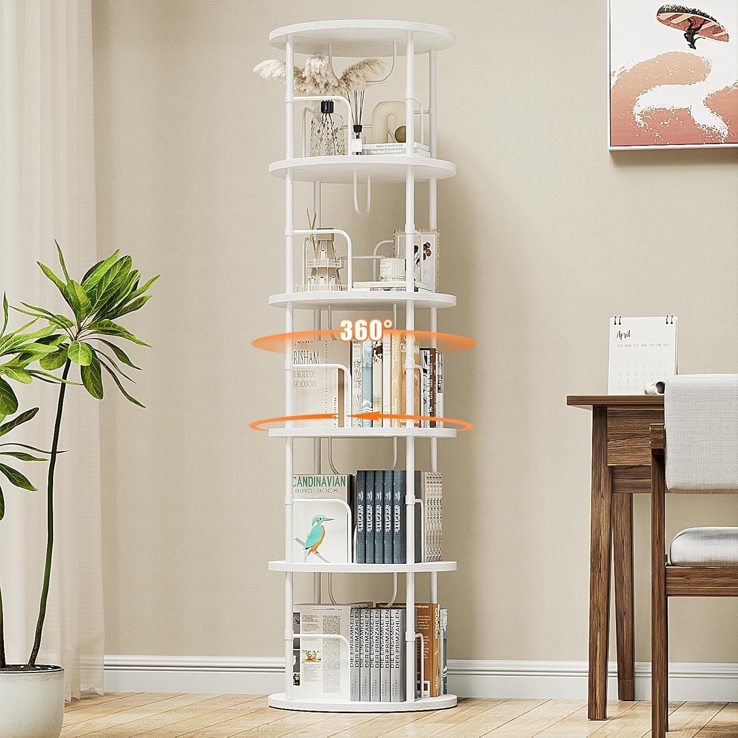 Generisch 360° Drehbares Bücherregal, Bodenstehendes Bücherschrank Aus Holz, Bookshelf Mit 5 Ebenen, Verstellbare Ebenen, Standregal, 45×45×160cm, Weiß