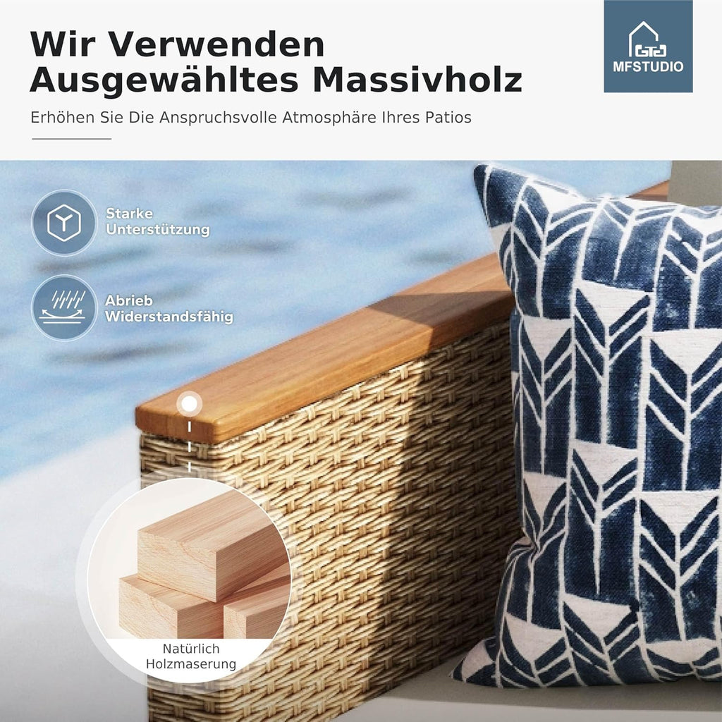 MFSTUDIO 3-Teilig Rattan Gartenmöbel Set mit Beigen Kissen für 4 Personen, Kleines L-Förmiges Outdoor Sofa mit Holztisch, Gartenlounge Set Outdoor für Terrasse, Balkon