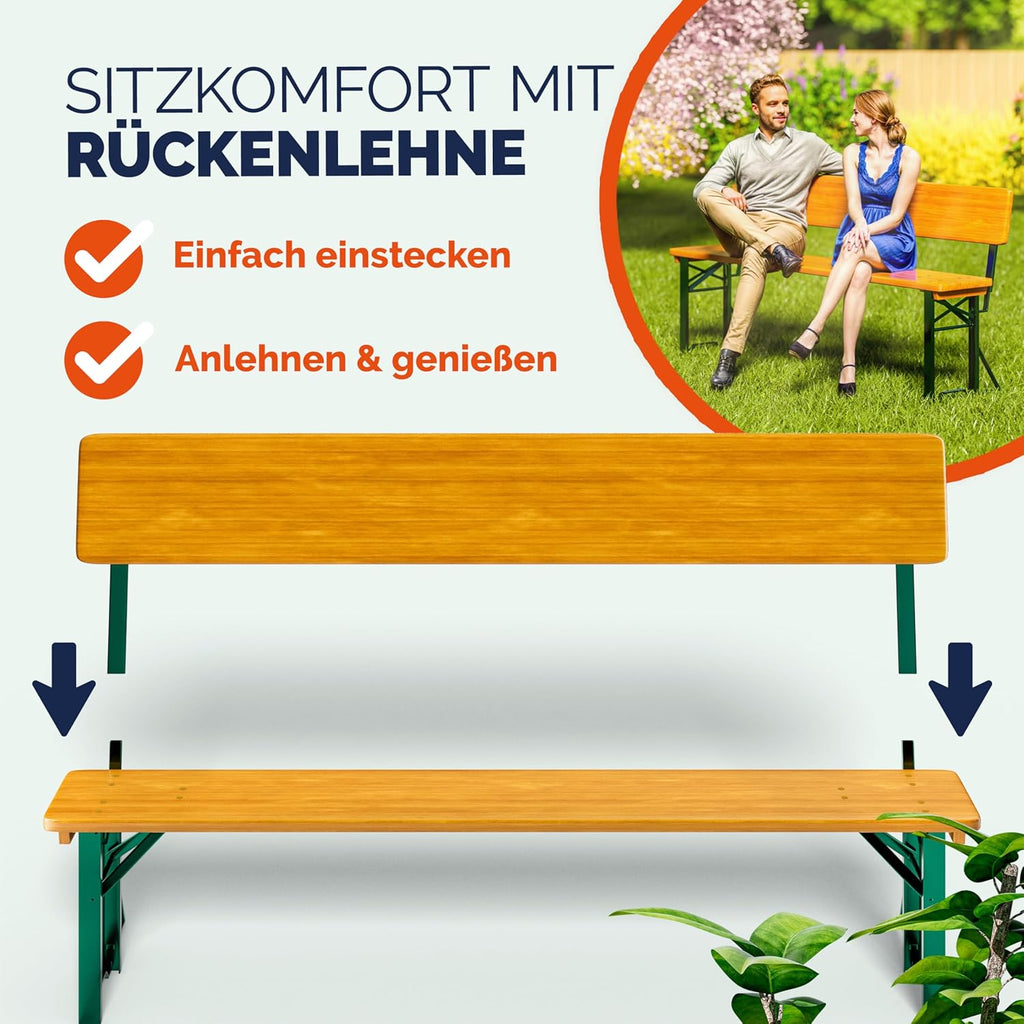 Casaria® Bierzeltgarnitur mit Lehne 170 cm Klappbar Stabil 2X Bierbank 1x Breiter Tisch Holz Biertischgarnitur Festzeltgarnitur Biergartengarnitur