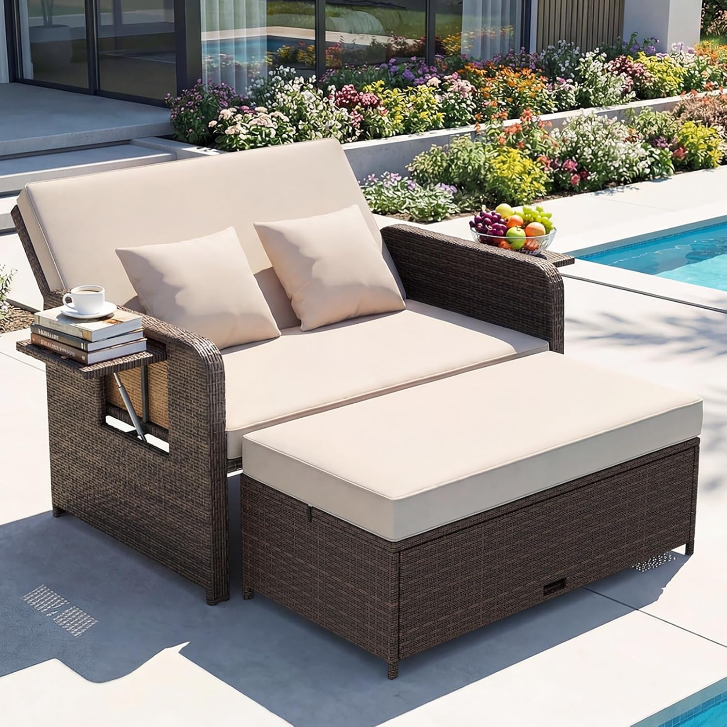 GIANTEX Lounge Möbel Outdoor, Rattan Gartenlounge Set mit Hocker, Gartensofa mit Liegefunktion, Balkon Lounge Set, Doppelliege Outdoor Sofa, Balkonmöbel Sonneninsel Loungebett mit stauraum | Drei in einem Design