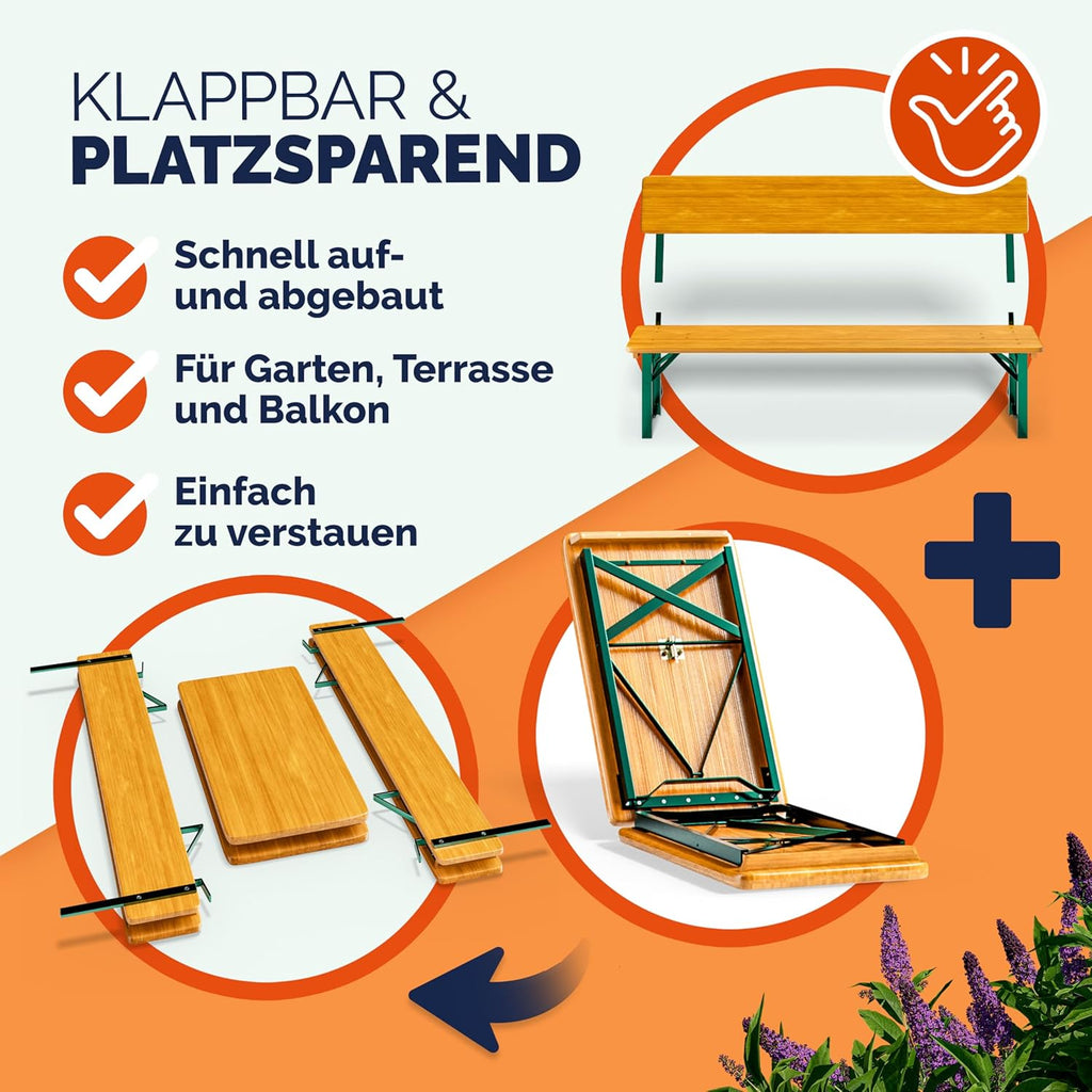 Casaria® Bierzeltgarnitur mit Lehne 170 cm Klappbar Stabil 2X Bierbank 1x Breiter Tisch Holz Biertischgarnitur Festzeltgarnitur Biergartengarnitur