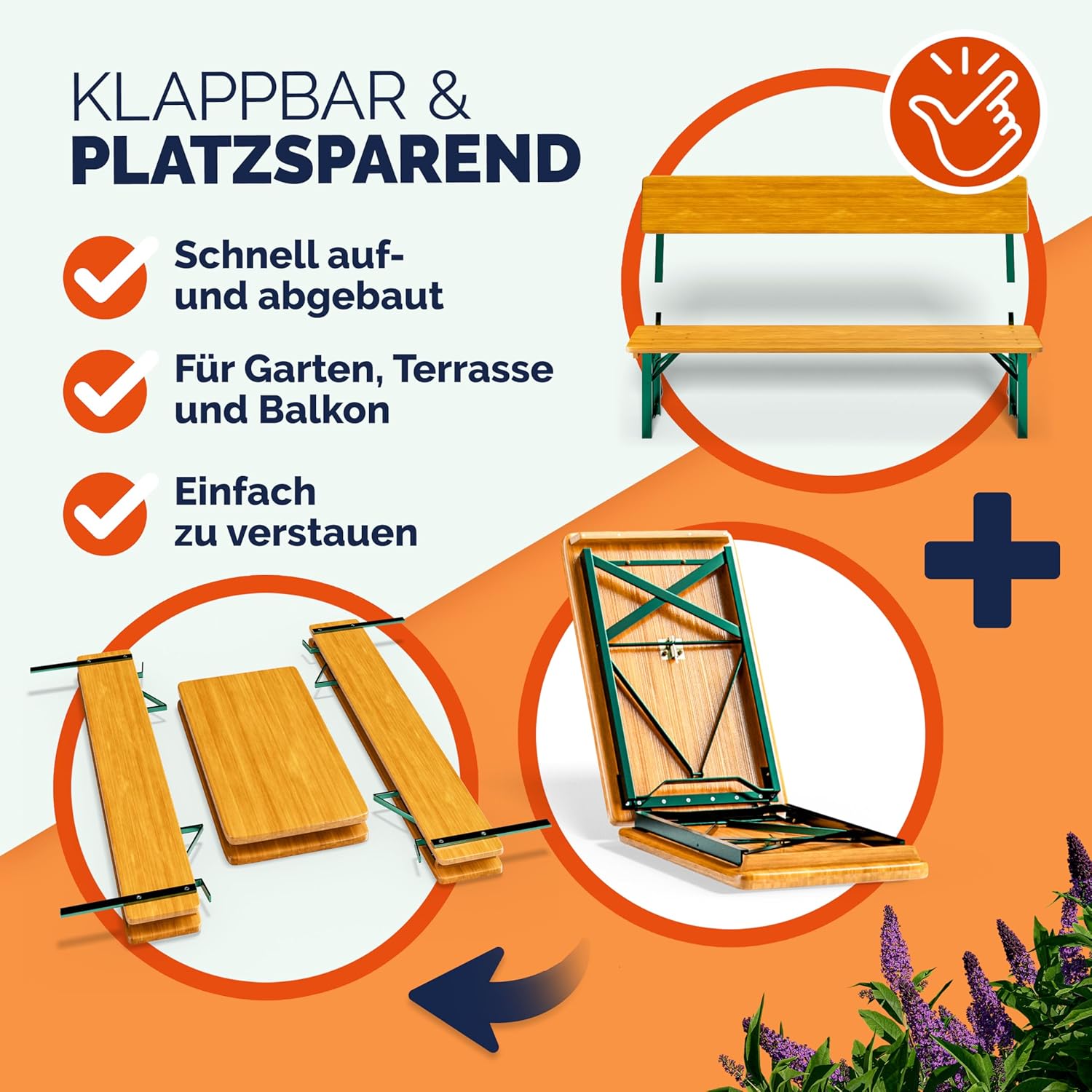 Casaria® Bierzeltgarnitur mit Lehne 170 cm Klappbar Stabil 2X Bierbank 1x Breiter Tisch Holz Biertischgarnitur Festzeltgarnitur Biergartengarnitur