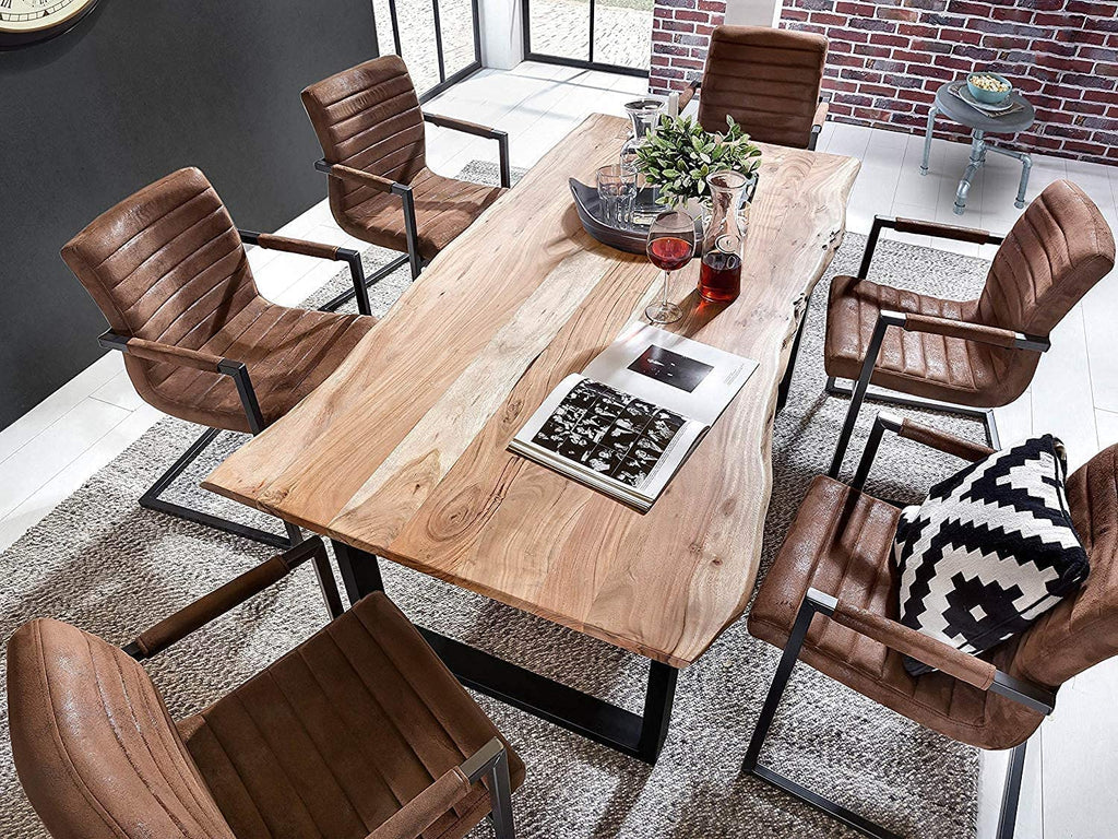 SAM Baumkantentisch 220x100 cm Quarto, Akazienholz massiv + nussbaumfarben, Esstisch mit schwarzem U-Gestell, Esszimmertisch/Holztisch Industrial-Design, Tischplatte 26 mm