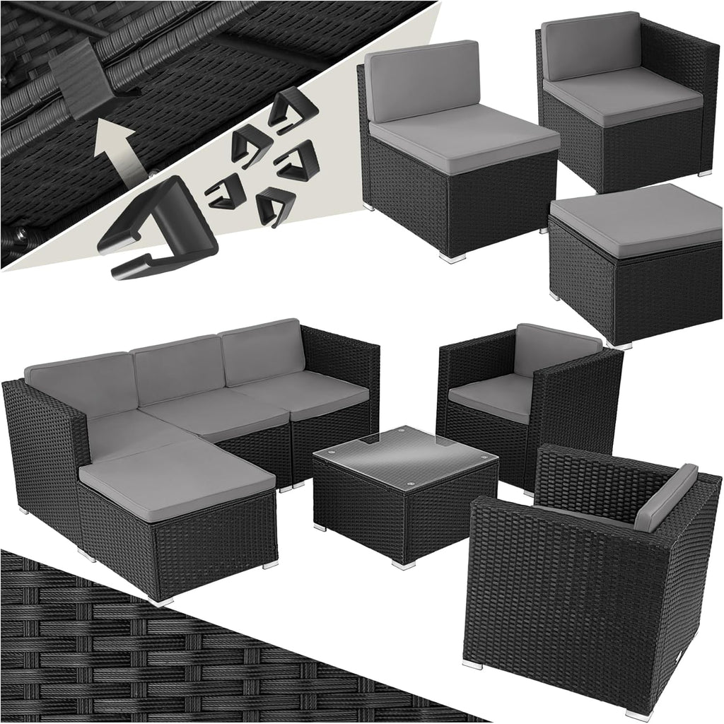 tectake® Poly Rattan Lounge, Outdoor Sitzgruppe, Set mit Sofa, 2 Sesseln, Hocker, Tisch, frei kombinierbar, Gartenmöbel für 5-6 Personen, für Garten Terrasse Balkon, inkl. Polster - schwarz