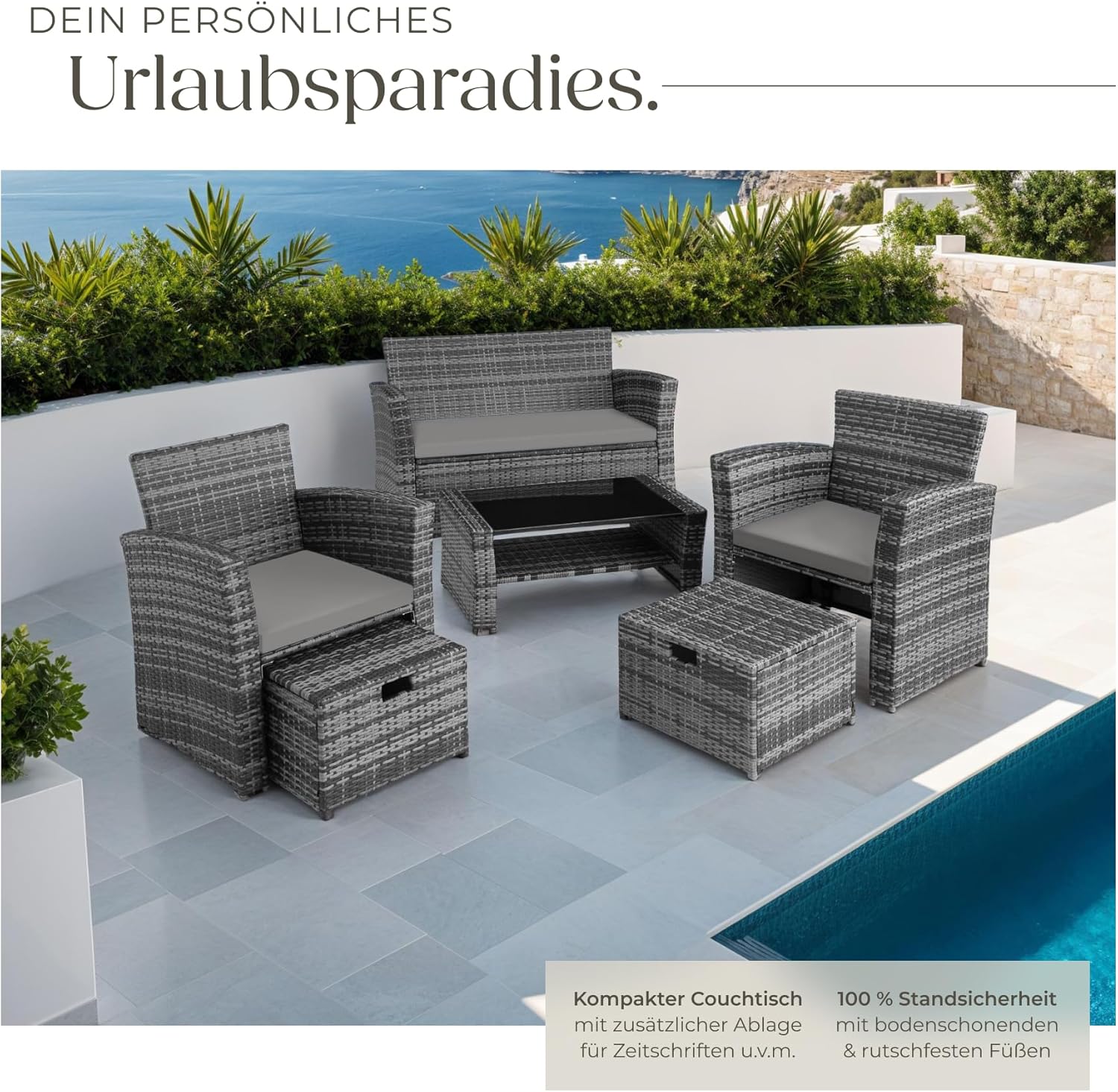tectake Polyrattan Garten Sitzgruppe für 4 Personen mit Hocker, Rattan Gartenmöbel Set mit eingebauter Auflagenbox in der Sitzbank, Garten und Balkon Möbel - grau