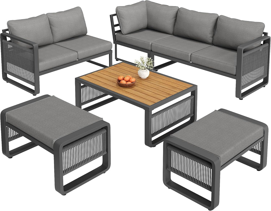 Merax Gartenmöbel Lounge Set 6-7 Personen, Gartensofa Eckgarnitur mit Liege, Handgewebtes Seil Outdoor Sofa, Wetterfestes Gartenmöbel Set für Terrasse, Balkon, Garten, Grau