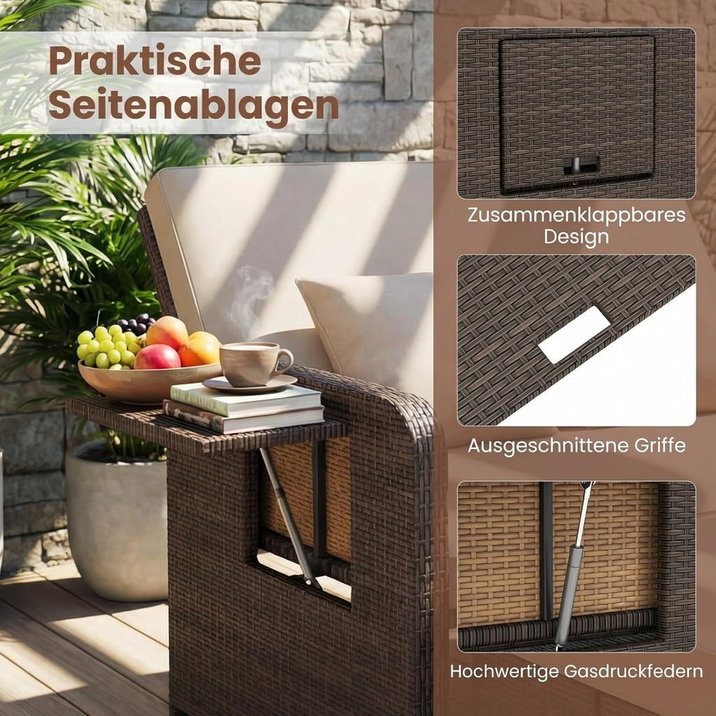 GIANTEX Lounge Möbel Outdoor, Rattan Gartenlounge Set mit Hocker, Gartensofa mit Liegefunktion, Balkon Lounge Set, Doppelliege Outdoor Sofa, Balkonmöbel Sonneninsel Loungebett mit stauraum | Drei in einem Design