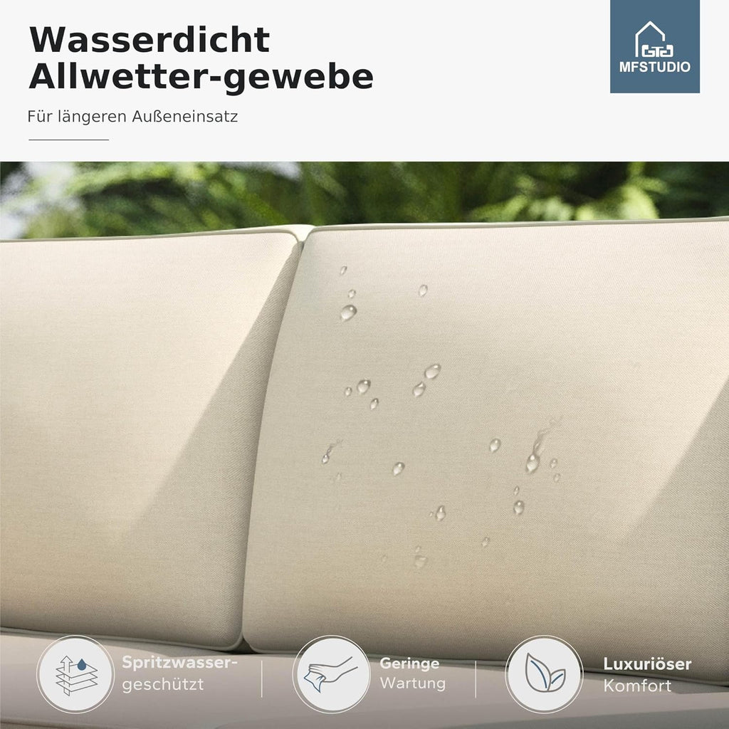 MFSTUDIO 3-Teilig Rattan Gartenmöbel Set mit Beigen Kissen für 4 Personen, Kleines L-Förmiges Outdoor Sofa mit Holztisch, Gartenlounge Set Outdoor für Terrasse, Balkon