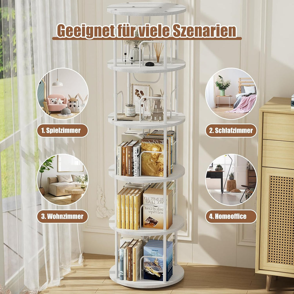Generisch 360° Drehbares Bücherregal, Bodenstehendes Bücherschrank Aus Holz, Bookshelf Mit 5 Ebenen, Verstellbare Ebenen, Standregal, 45×45×160cm, Weiß