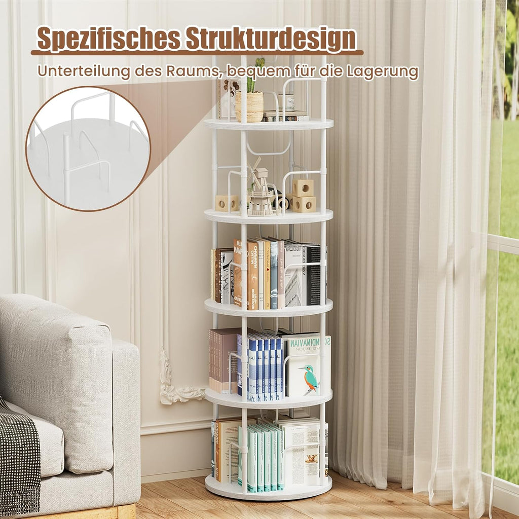 Generisch 360° Drehbares Bücherregal, Bodenstehendes Bücherschrank Aus Holz, Bookshelf Mit 5 Ebenen, Verstellbare Ebenen, Standregal, 45×45×160cm, Weiß