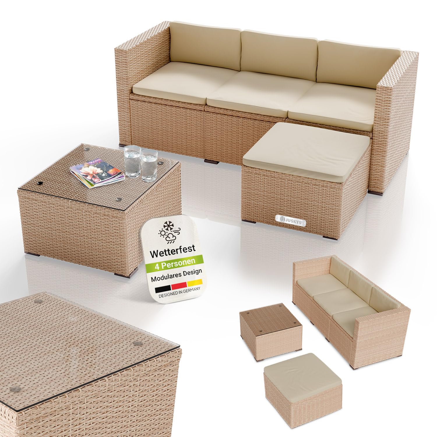 Juskys Polyrattan Lounge Punta Cana M für 3-4 Personen mit 3er Sofa, Sessel, Tisch & Kissen, Sitzgruppe für Garten, Terrasse und Balkon, Gartenmöbel Set wetterfest - schwarz/grau