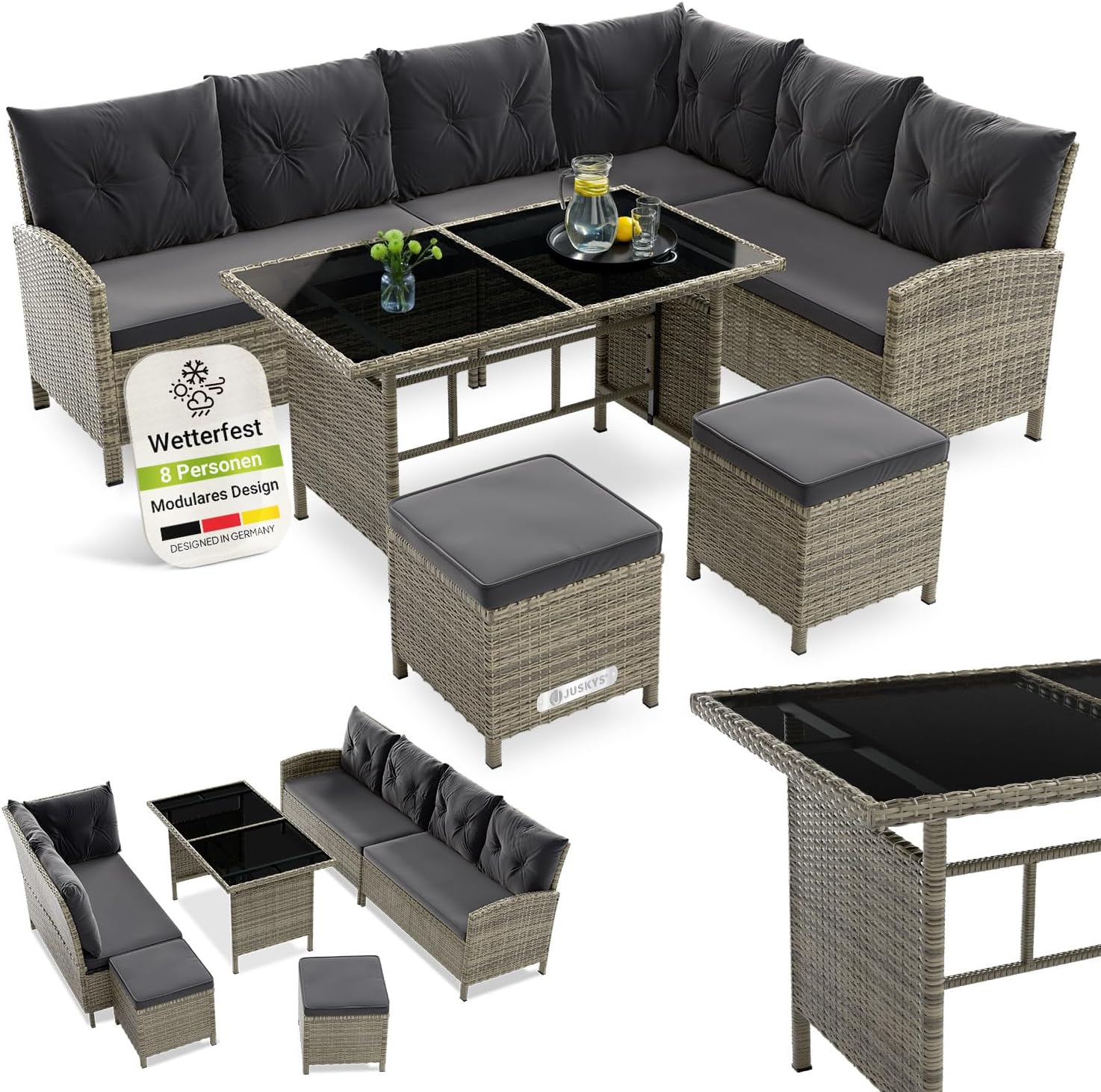 Juskys Polyrattan Lounge Manacor mit Ecksofa, Esstisch, 2 Hocker & Kissen - wetterfest bis 7 Personen - Bezüge waschbar - Rattan Garten Sitzgruppe Gartenlounge Gartenmöbel Set - Grau-meliert