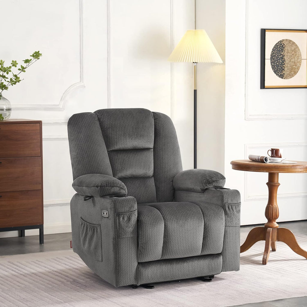 M MCombo Fernsehsessel elektrisch verstellbar 7008, Relaxsessel mit Liegefunktion, TV Sessel mit Massage & Wärmefunktion, USB & Getränkehalter, Wohnzimmer (Stoff, Grau)