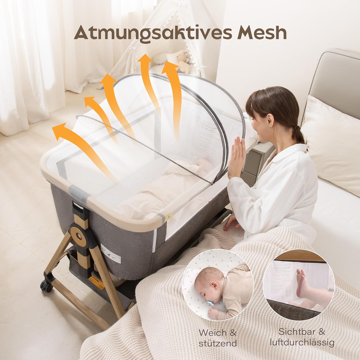 Maydolly 3-in-1 Baby Beistellbett – Vielseitiges Beistellbett, Reisebett & Stubenwagen inklusive Matratze & Moskitonetz – Höhenverstellbar mit Rollen, klappbar und mit Tragetasche – Grau