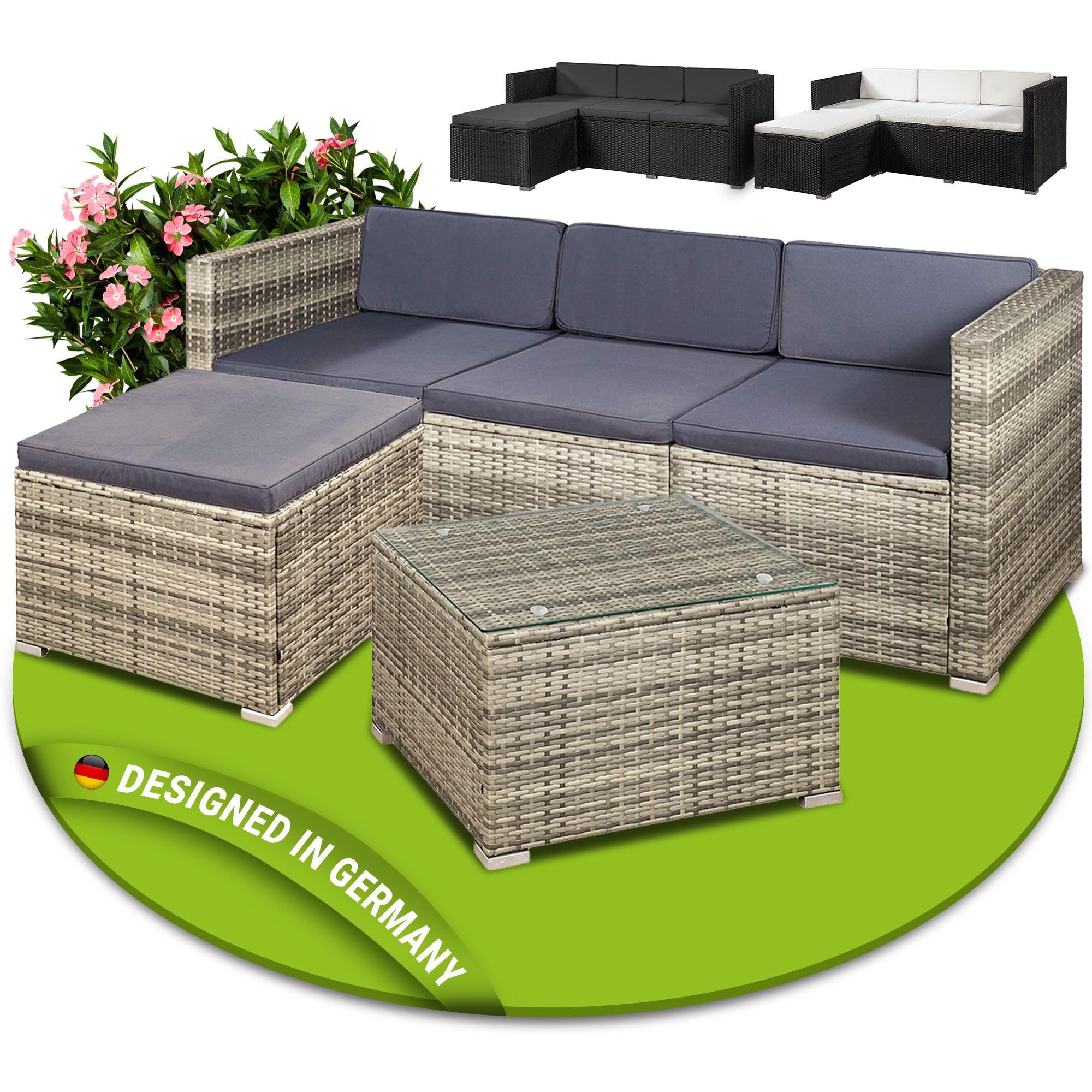 Juskys Polyrattan Lounge Punta Cana M für 3-4 Personen mit 3er Sofa, Sessel, Tisch & Kissen, Sitzgruppe für Garten, Terrasse und Balkon, Gartenmöbel Set wetterfest - schwarz/grau