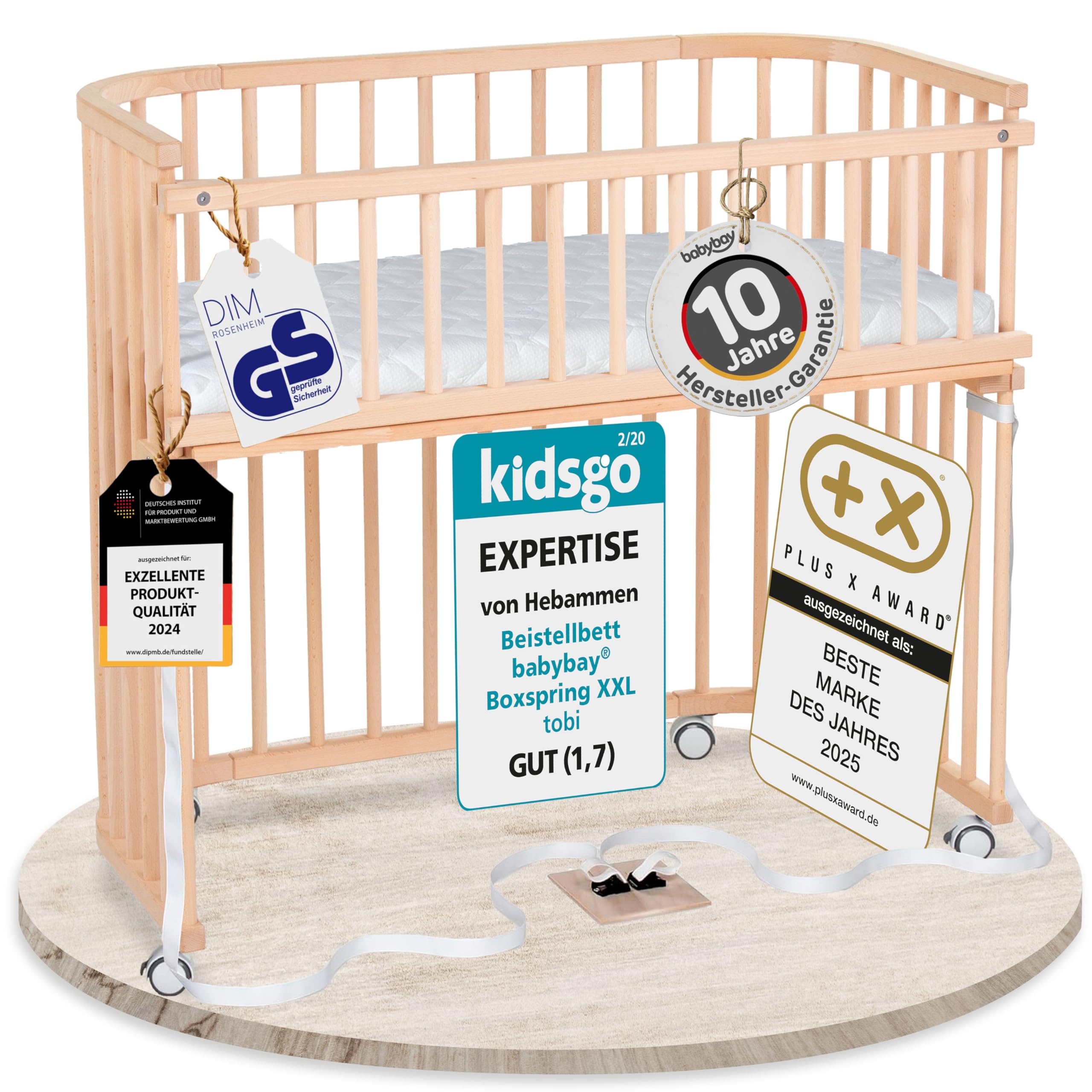 babybay Original Beistellbett aus massivem Buchenholz / kompakt & verwandelbar / Kinderbett Höhe stufenlos verstellbar & umweltfreundlich / mitwachsendes Babybett (weiß lackiert) / inkl. Matratze