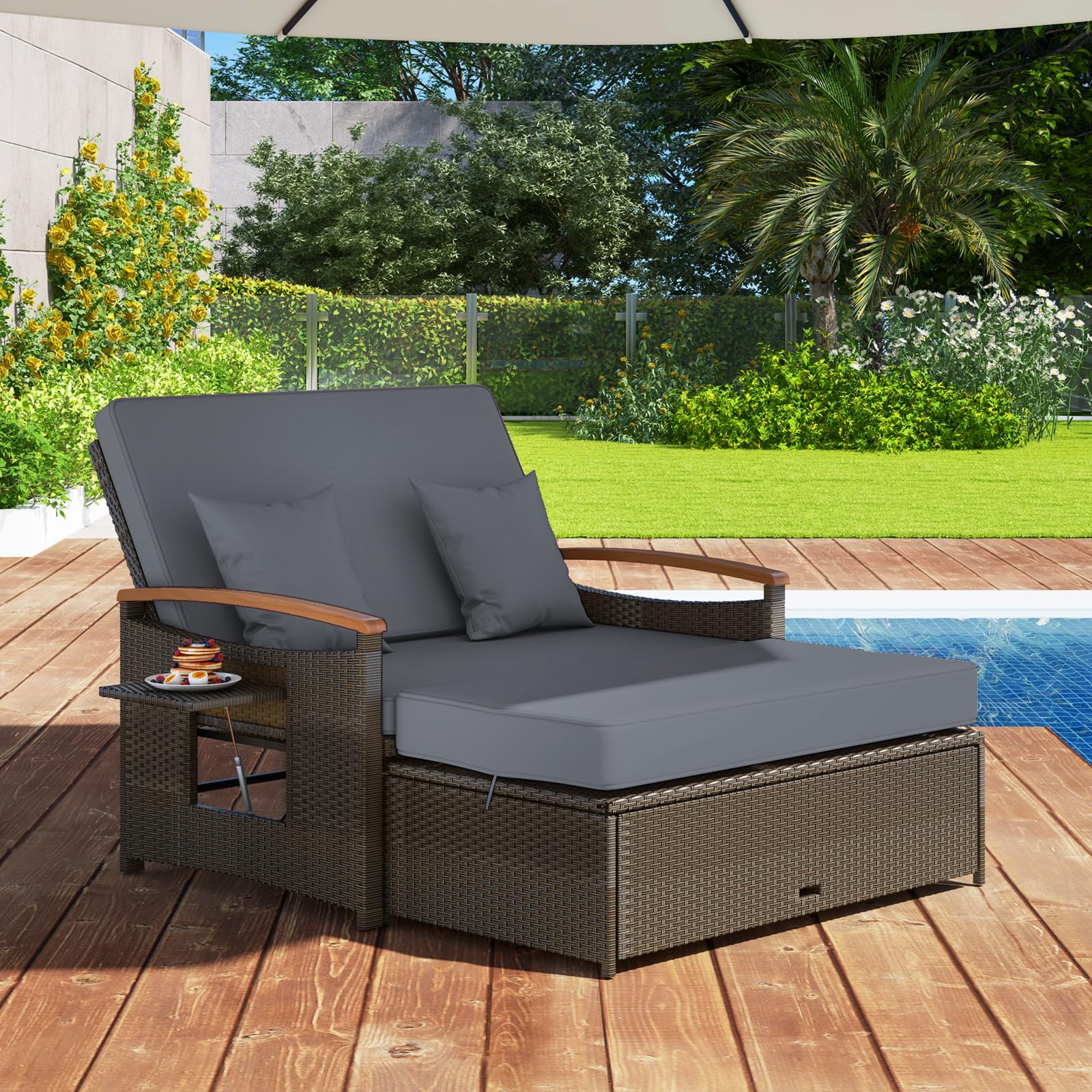 GIANTEX Lounge Möbel Outdoor, Rattan Gartenlounge Set mit Hocker, Gartensofa mit Liegefunktion, Balkon Lounge Set, Doppelliege Outdoor Sofa, Balkonmöbel Sonneninsel Loungebett mit stauraum | Drei in einem Design