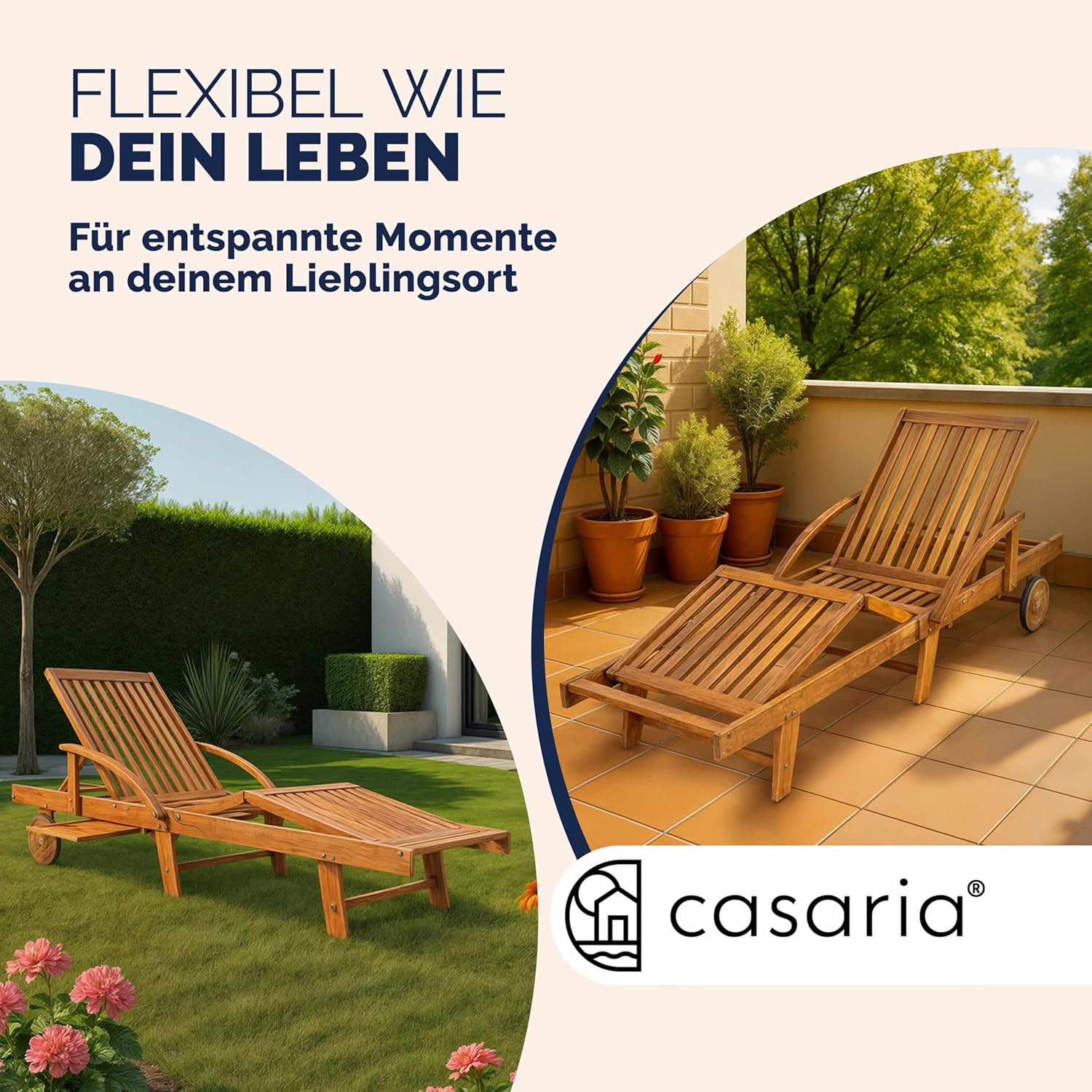 Casaria® Sonnenliege 2er Set Klappbar Wetterfest 2 Personen Holz Gartenliege mit 2 Räder Ablage Tisch Liegestuhl Verstellbare Rücken- Fußlehne Garten 196cm