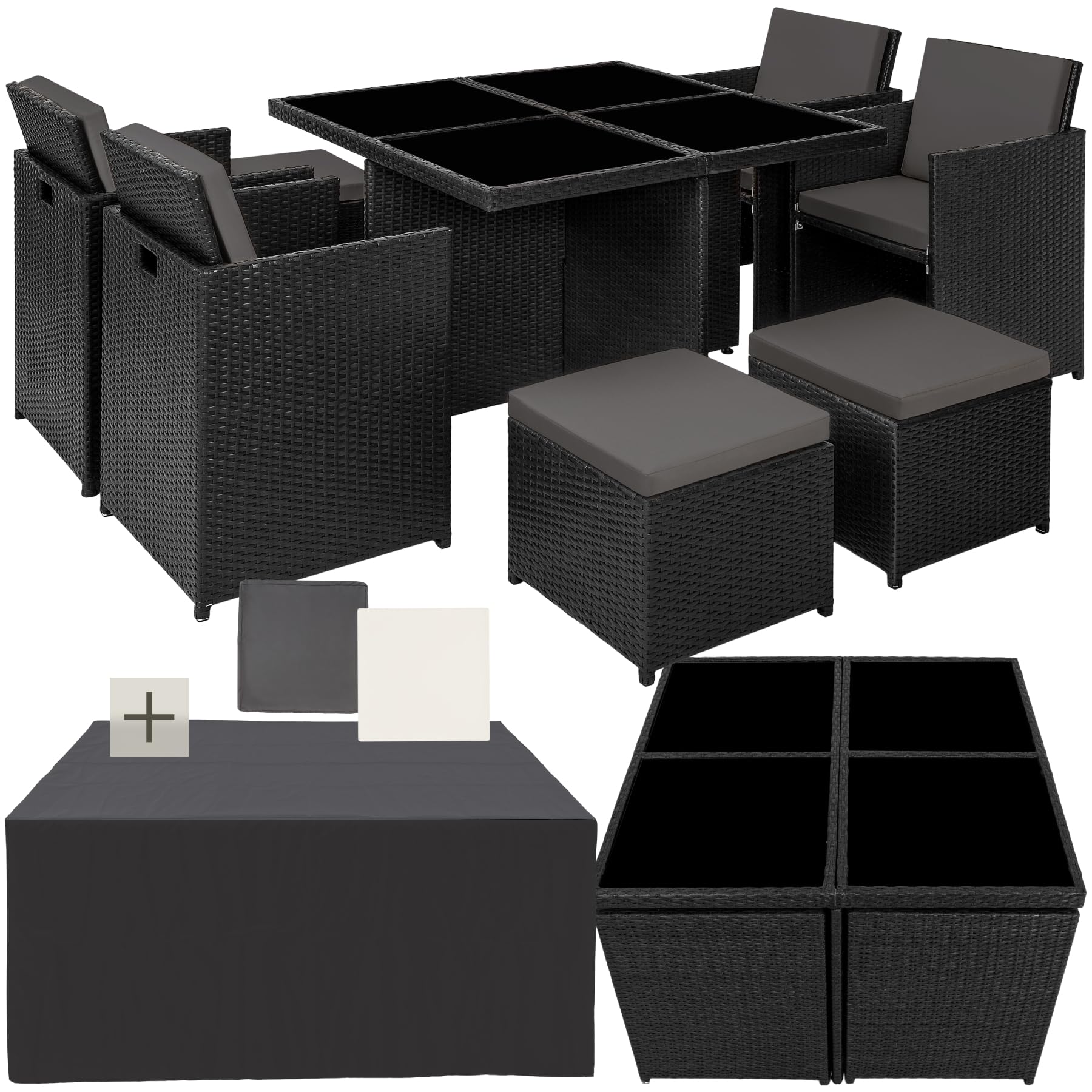 tectake® Rattan Lounge Möbel Set mit Aluminium Gestell, 4 Stühle, 4 Hocker, Tisch, platzsparende Aufbewahrung, Outdoor Rattan Gartenmöbel für Garten Terrasse, mit Abdeckung und 2 Bezugssets - grau