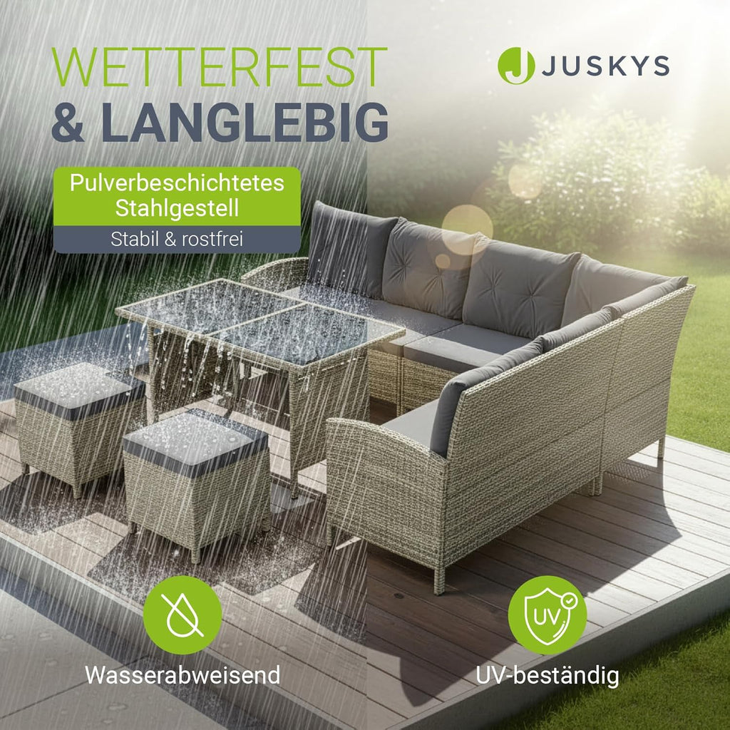 Juskys Polyrattan Lounge Manacor mit Ecksofa, Esstisch, 2 Hocker & Kissen - wetterfest bis 7 Personen - Bezüge waschbar - Rattan Garten Sitzgruppe Gartenlounge Gartenmöbel Set - Grau-meliert