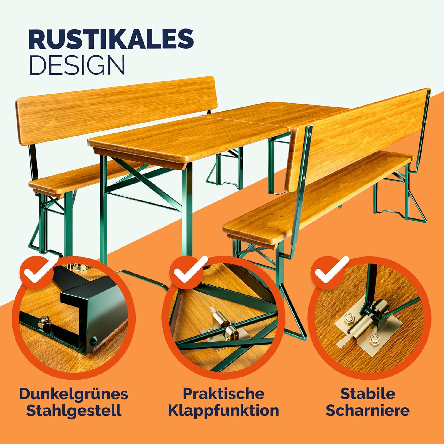 Casaria® Bierzeltgarnitur mit Lehne 170 cm Klappbar Stabil 2X Bierbank 1x Breiter Tisch Holz Biertischgarnitur Festzeltgarnitur Biergartengarnitur