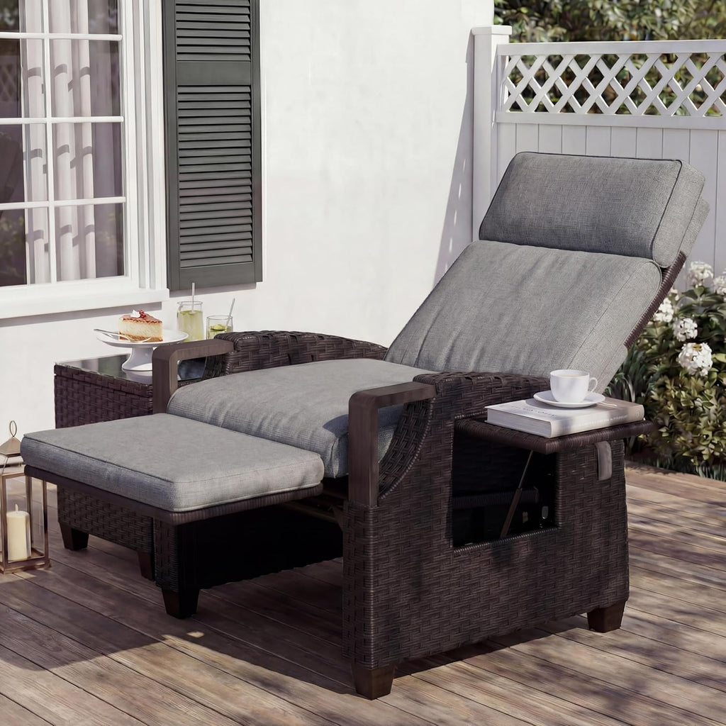 Grand patio Relaxliege Liegesessel mit Sitzkissen Armlehnensessel Verstellbare Rückenlehne Rattan Sonnenliege für Innen, Außeneinsatz, Dunkelgrau -Dunkel Grau Sitzkissen & Braun Rattan