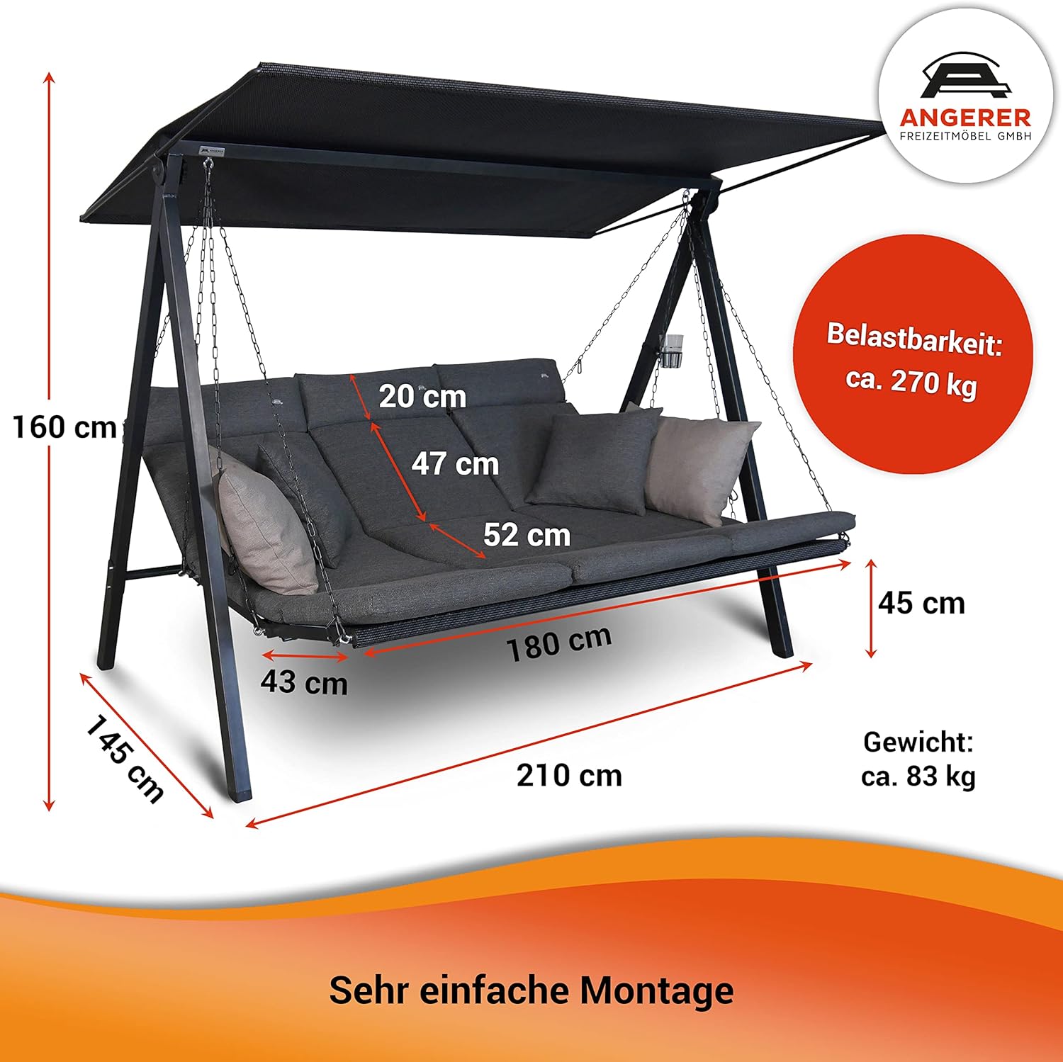 ANGERER Hollywoodschaukel Lounge Smart – Schaukel zum Sitzen, Liegen & Entspannen, inkl. Bett-Funktion, einfache Montage, Made in Germany, hochwertiger Stoff, Grau