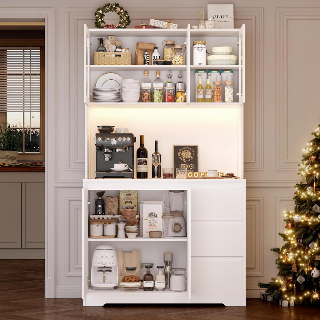FirFurd Küchenschrank mit LED und Steckdosenleiste Buffetschrank Küchenschrank mit Arbeitsplatte und 3 Schubladen Küchenbuffet mit Verstellbares Regal Sideboard für Küche 180x100x38.5 cm weiß