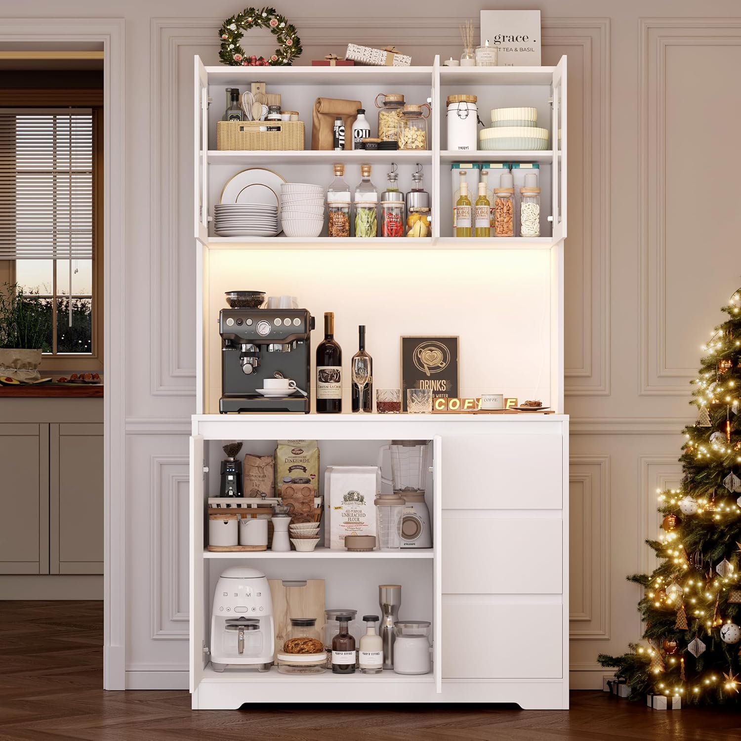 FirFurd Küchenschrank mit LED und Steckdosenleiste Buffetschrank Küchenschrank mit Arbeitsplatte und 3 Schubladen Küchenbuffet mit Verstellbares Regal Sideboard für Küche 180x100x38.5 cm weiß