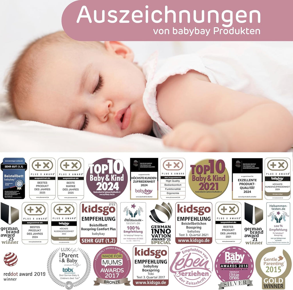 babybay Original Beistellbett aus massivem Buchenholz / kompakt & verwandelbar / Kinderbett Höhe stufenlos verstellbar & umweltfreundlich / mitwachsendes Babybett (weiß lackiert) / inkl. Matratze