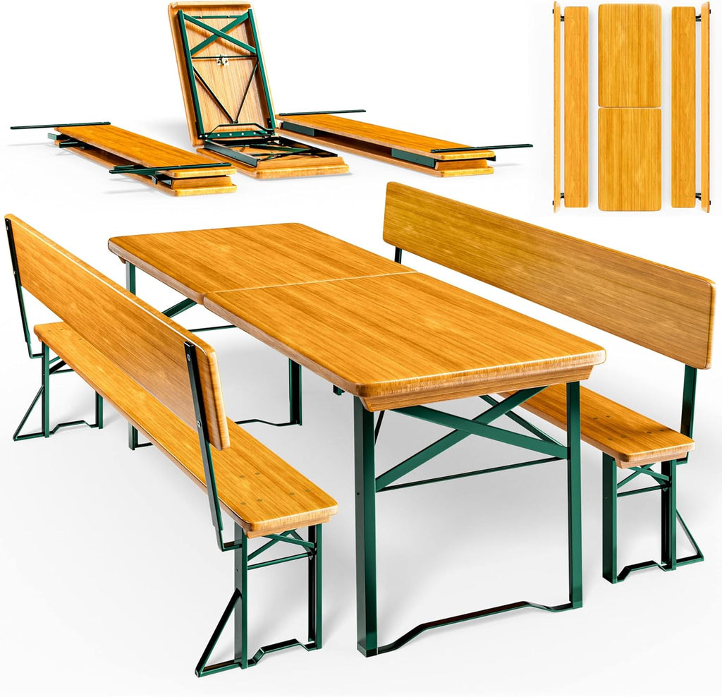 Casaria® Bierzeltgarnitur mit Lehne 170 cm Klappbar Stabil 2X Bierbank 1x Breiter Tisch Holz Biertischgarnitur Festzeltgarnitur Biergartengarnitur