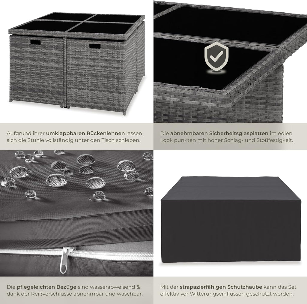 tectake® Rattan Lounge Möbel Set mit Aluminium Gestell, 4 Stühle, 4 Hocker, Tisch, platzsparende Aufbewahrung, Outdoor Rattan Gartenmöbel für Garten Terrasse, mit Abdeckung und 2 Bezugssets - grau