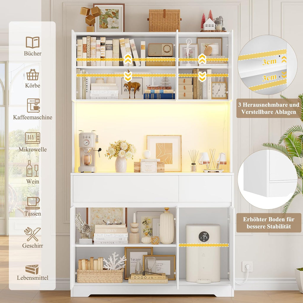 FirFurd Küchenschrank Buffetschrank mit LED und Steckdose Küchenschrank mit Arbeitsplatte Sideboard für Küche Wohnzimmer Esszimmer Küchenbuffet 180x100x38,5cm weiß