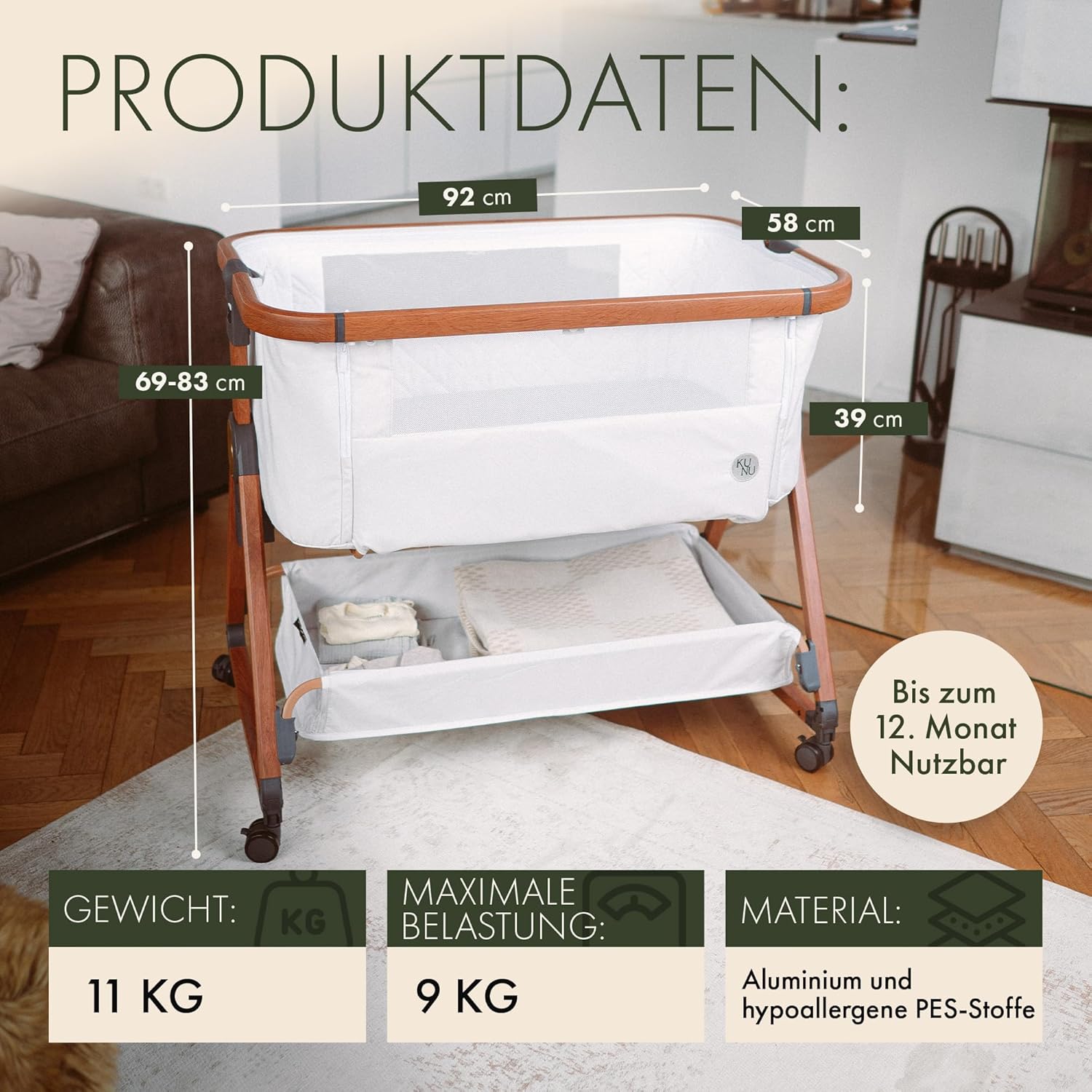 KUNU® Babybett - Beistellbett Baby mit Rollen für Boxspringbett - 3 in 1 rollbares Baby Bett Reise Babywiege - Stubenwagen mit Wiegefunktion & höhenverstellbar - Sicheres Reisebett inkl Reisetasche