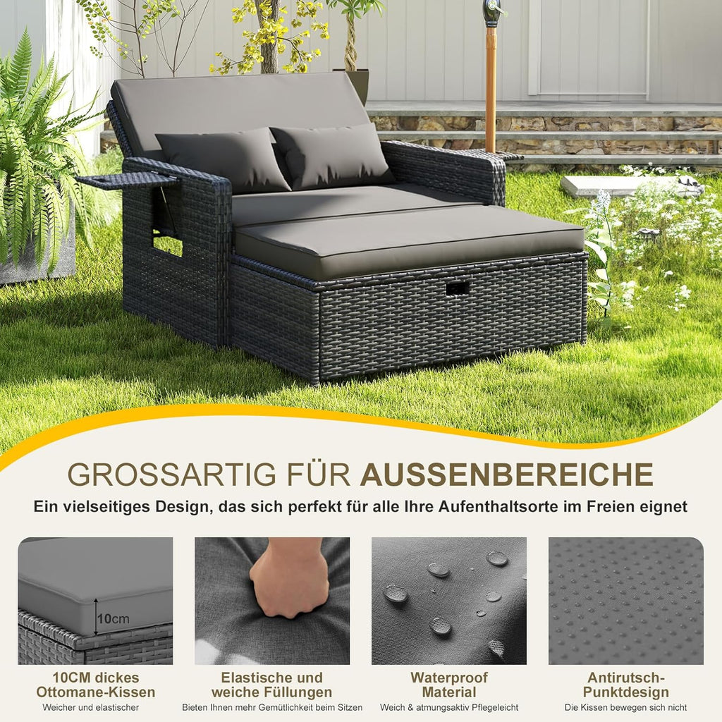 UDPATIO Rattan Lounge Möbel Outdoor, Lounge Balkonmöbel Gartensofa mit Hocker,Rattan Sofa mit Stauraum, Verstellbares 2 Sitzer Garten-Bett für Terrasse,Balkon,Garten,Grau-meliert & Dunkelgraue Bezüge